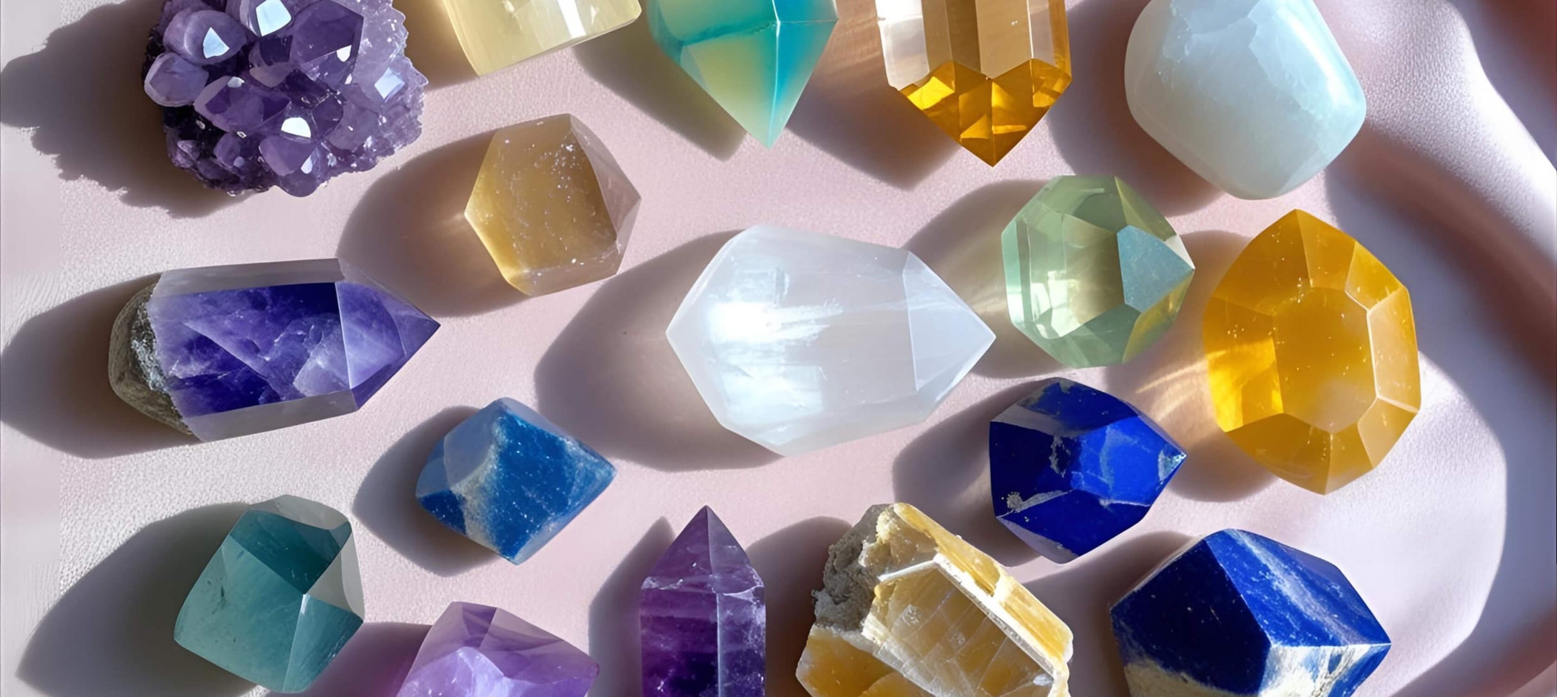 Mind Collection of healing crystals including Moonstone, Yellow Aventurine, Fluorite, Clear Quartz, Lapis Lazuli, Angelite, Blue Chalcedony, and Blue Lace Agate.
