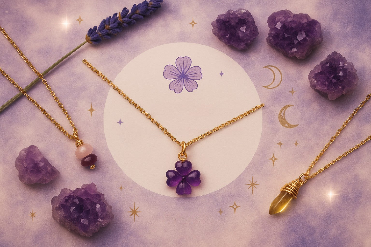 Mystical amethyst clover necklace centerpiece with complementary crystal jewelry in dreamy purple and golden aesthetic flat lay