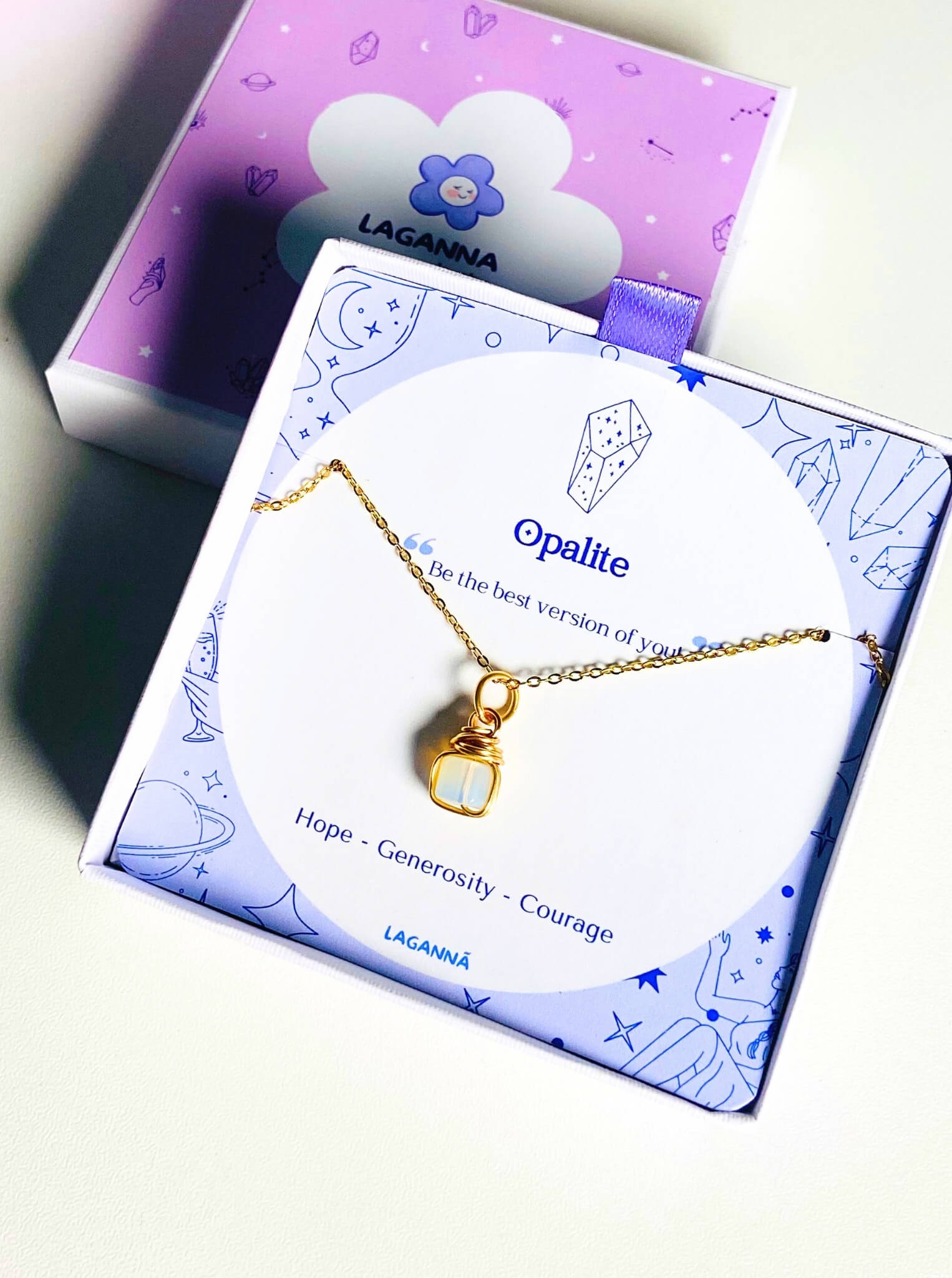 Opalite square stone necklace in gold wire wrap with jewelry box, handmade Sri Lankan healing crystal pendant for crown chakra and emotional healing