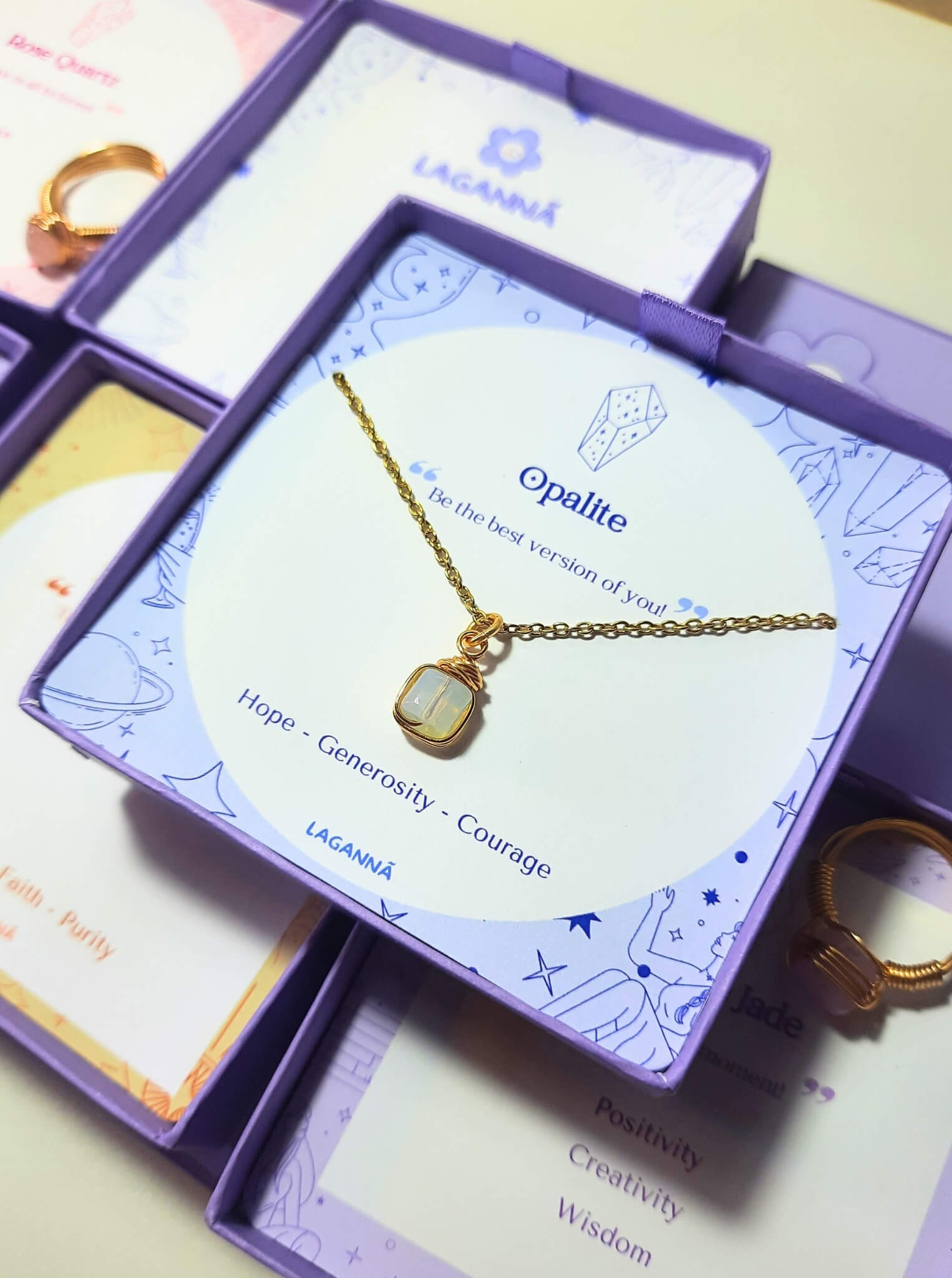Opalite square stone necklace jewelry box stacked presentation, handmade Sri Lankan gold wire wrapped healing crystal pendant for clarity and transformation