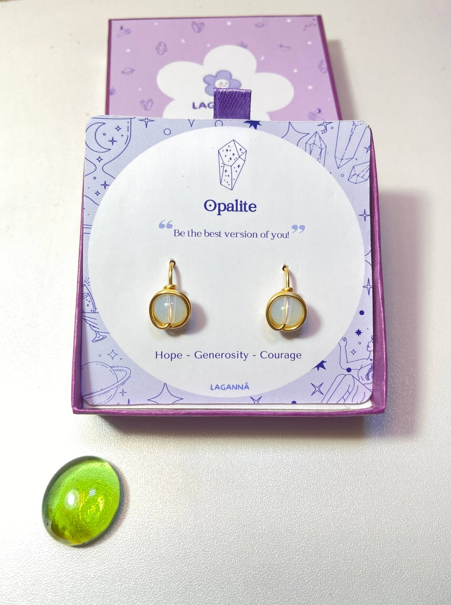 Opalite Statement Round Stud Earrings handmade wire-wrapped crystal jewelry for hope, new beginnings, and emotional healing - artisan healing stone studs crafted in Sri Lanka with natural luminous opalite gemstone beads