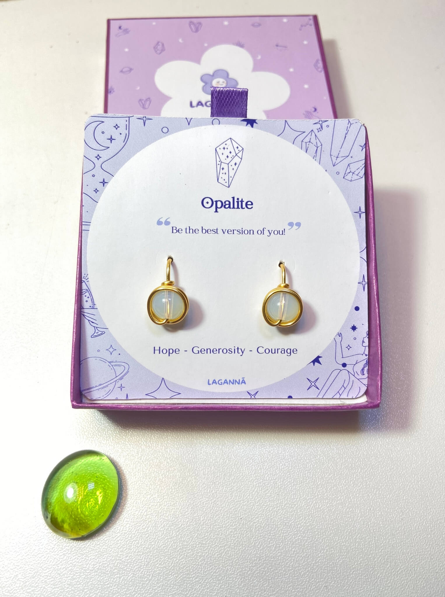 Opalite Statement Round Stud Earrings handmade wire-wrapped crystal jewelry for hope, new beginnings, and emotional healing - artisan healing stone studs crafted in Sri Lanka with natural luminous opalite gemstone beads
