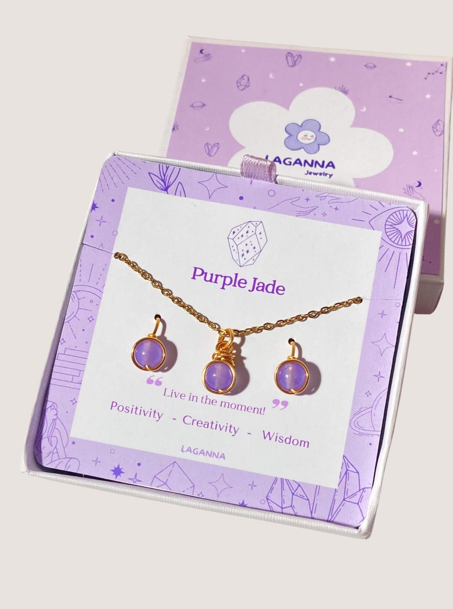 Handmade purple jade petite round stone necklace with gold wire wrapping, beautifully presented in elegant Laganna jewelry box - healing crystal jewelry crafted by Sri Lankan artisans for positivity and happiness
