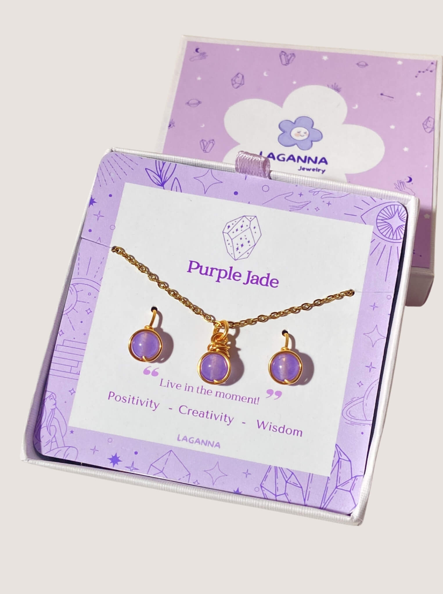Handmade purple jade petite round stone necklace with gold wire wrapping, beautifully presented in elegant Laganna jewelry box - healing crystal jewelry crafted by Sri Lankan artisans for positivity and happiness