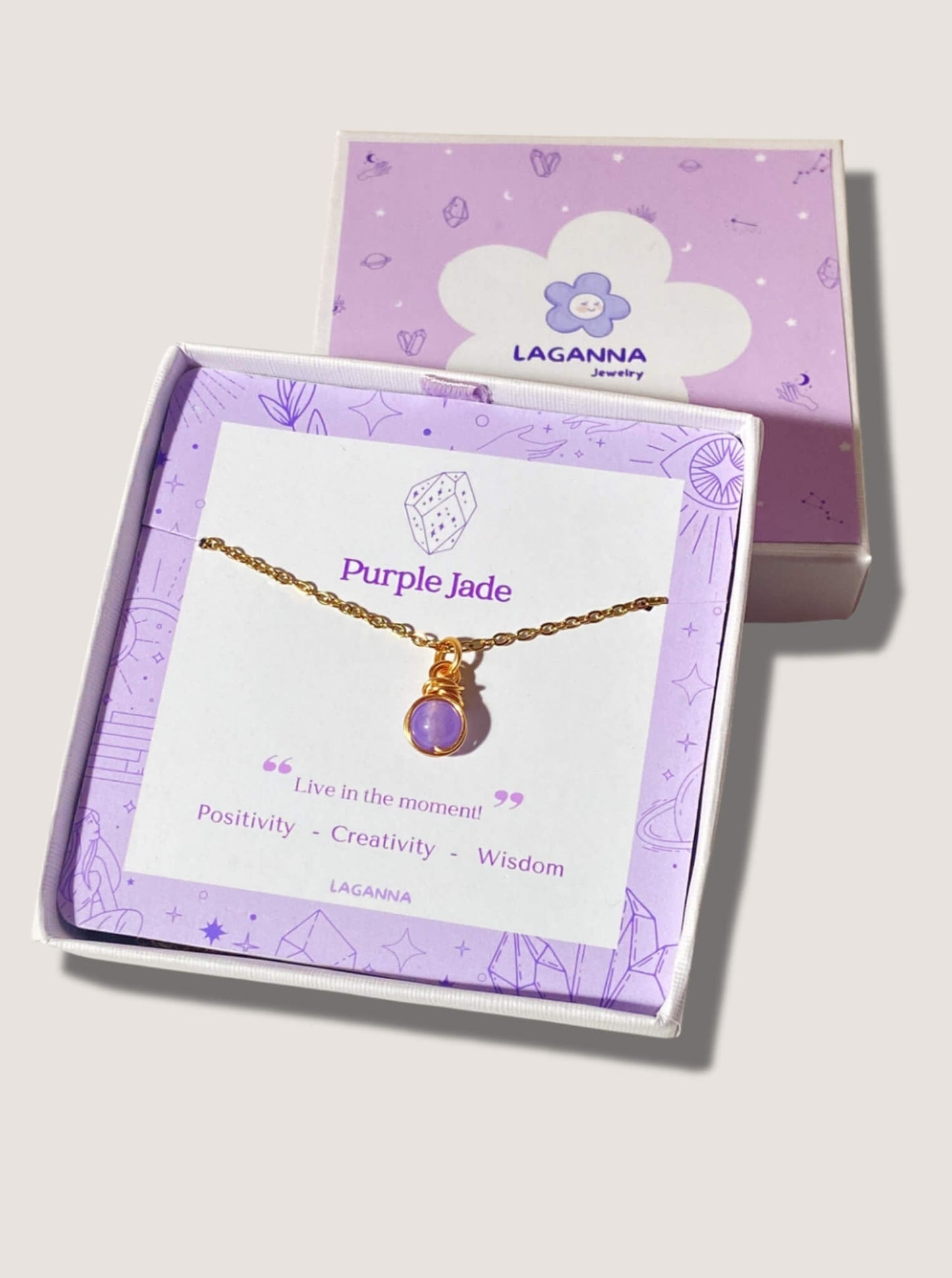 Elegant purple jade petite round stone pendant necklace on white background, showcasing minimalist gold wire wrapped design - handmade healing crystal jewelry from Sri Lanka for positive energy and emotional balance