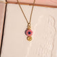 Pink evil eye necklace in elegant gift box showing handmade gold wire wrapped ceramic pendant packaging, Sri Lankan spiritual jewelry gift set featuring pink evil eye talisman as love protection amulet and meaningful gift for her with premium presentation
