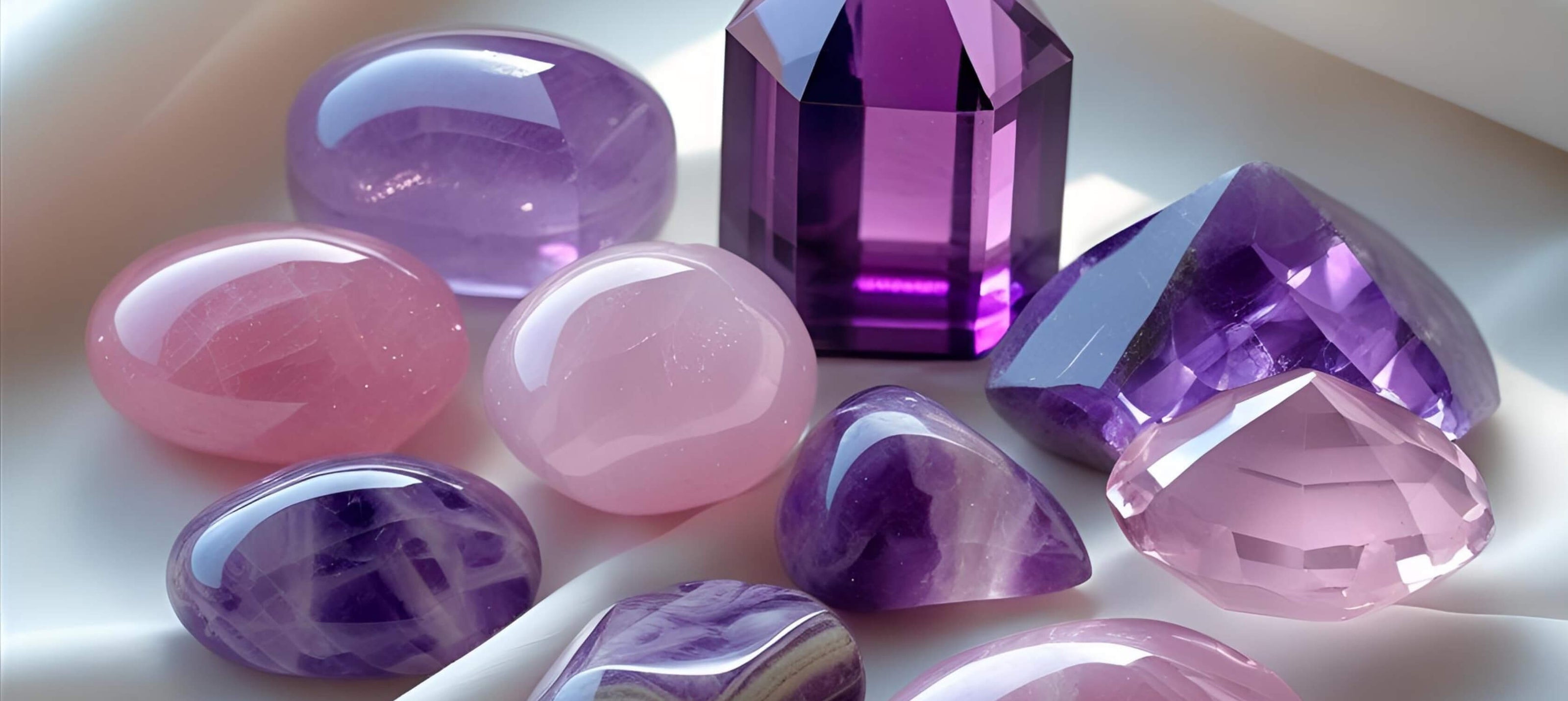 Pink and purple healing stones including Rose Quartz, Amethyst, Purple Jade, Morganite, and Pink Tourmaline for emotional balance and heart chakra healing.