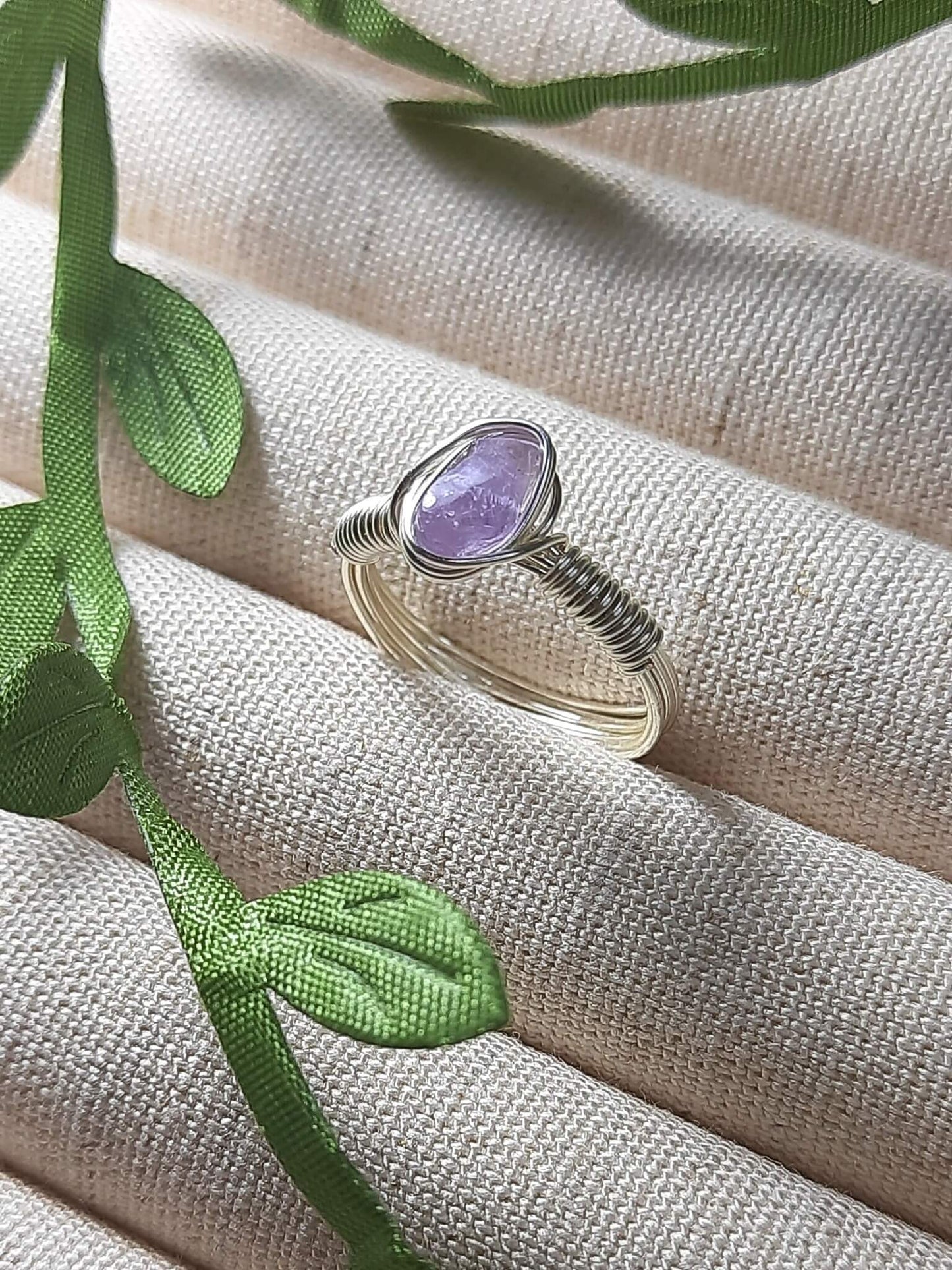 Purple jade irregular stone ring in elegant aesthetic setting featuring handmade wire wrapped healing crystal jewelry, Sri Lankan artisan wisdom stone ring with natural purple gemstone perfect as boho spiritual jewelry and crown chakra balancing amulet for meditation and spiritual awakening lifestyle