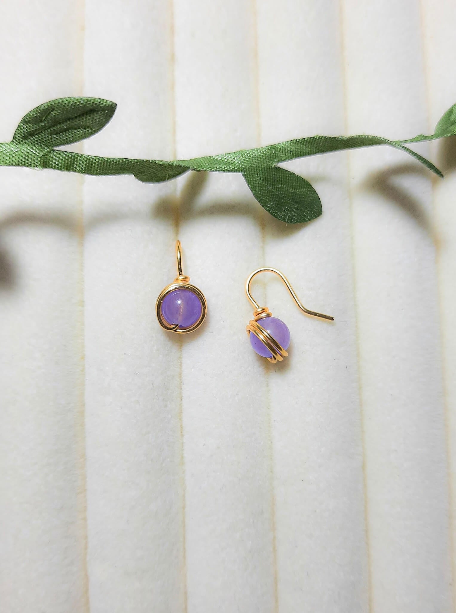 Purple Jade Petite Round Stud Earrings handmade wire-wrapped crystal jewelry for positivity, emotional healing, and inner sunshine - artisan healing stone studs crafted in Sri Lanka with natural lavender purple jade gemstone beads