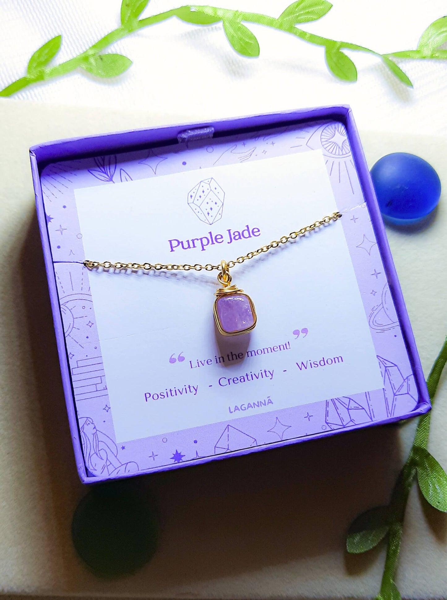  Handmade purple jade square stone necklace in elegant jewelry box showing gold wire wrapped healing crystal gift set, Sri Lankan artisan crown chakra pendant featuring natural square purple gemstone perfect as wisdom jewelry gift for spiritual growth and meditation with premium packaging