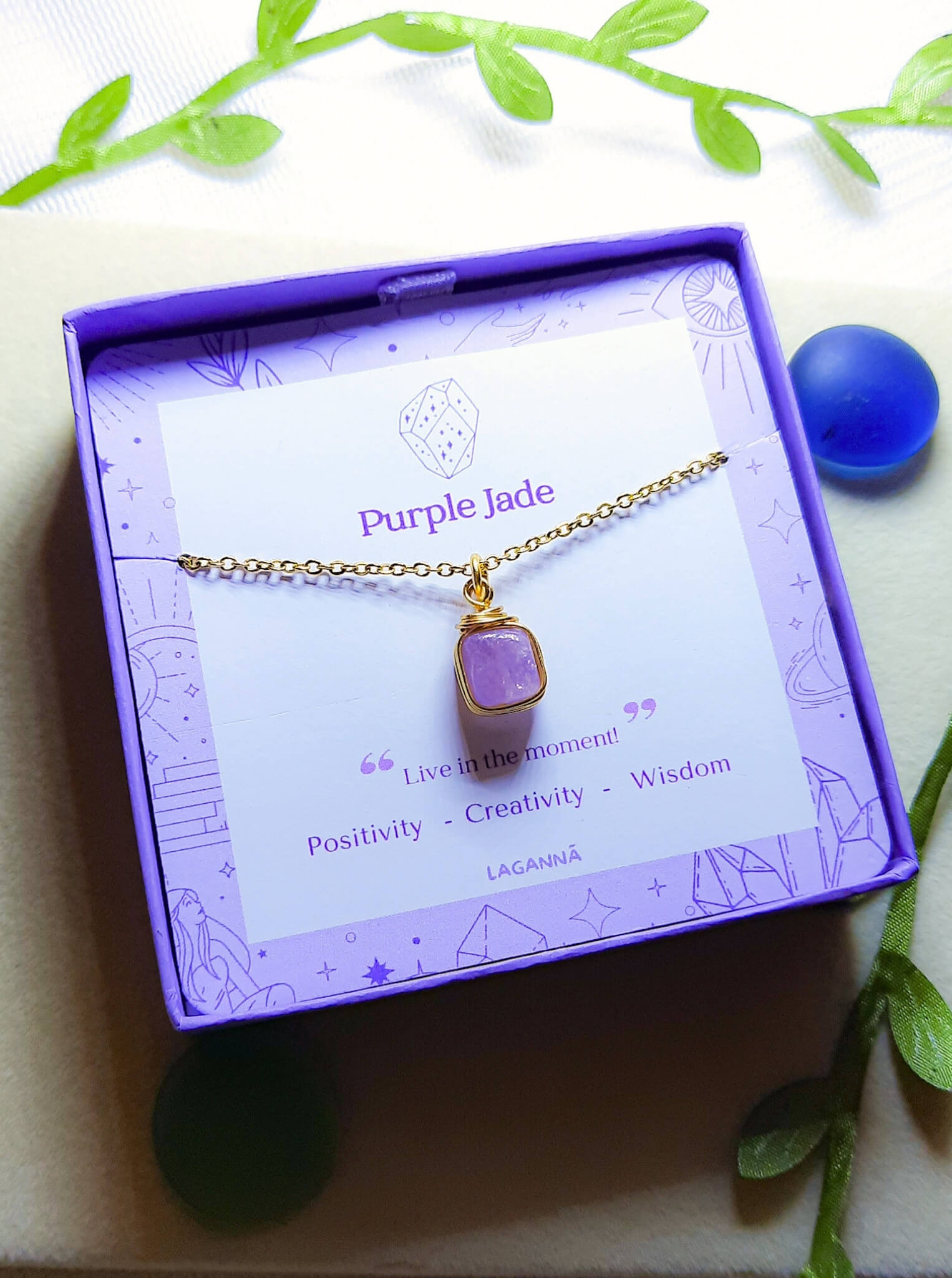  Handmade purple jade square stone necklace in elegant jewelry box showing gold wire wrapped healing crystal gift set, Sri Lankan artisan crown chakra pendant featuring natural square purple gemstone perfect as wisdom jewelry gift for spiritual growth and meditation with premium packaging