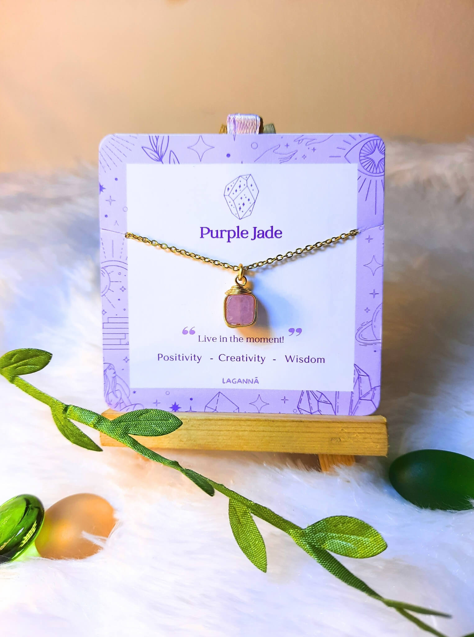  Handmade purple jade square stone necklace in gold wire wrapped design on jewelry card featuring natural healing crystal jewelry crafted by Sri Lankan artisans as crown chakra balancing pendant and wisdom enhancement amulet for women seeking spiritual growth and inner peace with geometric purple gemstone