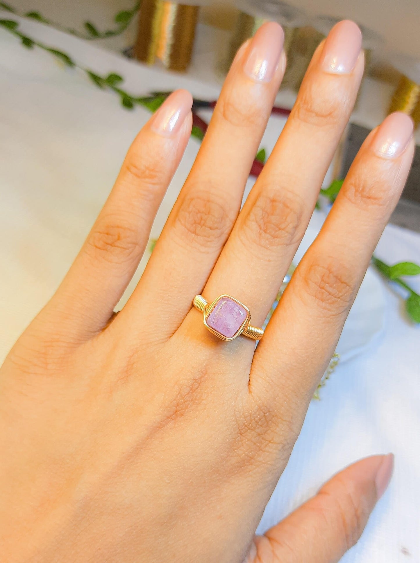 Purple jade square stone ring worn on hand showing handmade gold wire wrapped healing crystal jewelry lifestyle, Sri Lankan artisan crown chakra ring featuring natural geometric purple gemstone perfect as boho wisdom ring and spiritual amulet for meditation and enlightenment daily wear