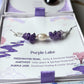 Purple Lake Bracelet silver wire wrapped amethyst freshwater pearl purple jade close-up in Laganna gift box showing crystal meaning card – purity inner peace emotional healing, handmade crystal bracelet Sri Lanka

