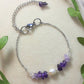 Side view of Purple Lake Bracelet showing silver wire wrapped purple crystals and amethyst stones in serene lake-inspired design, handmade in Sri Lanka