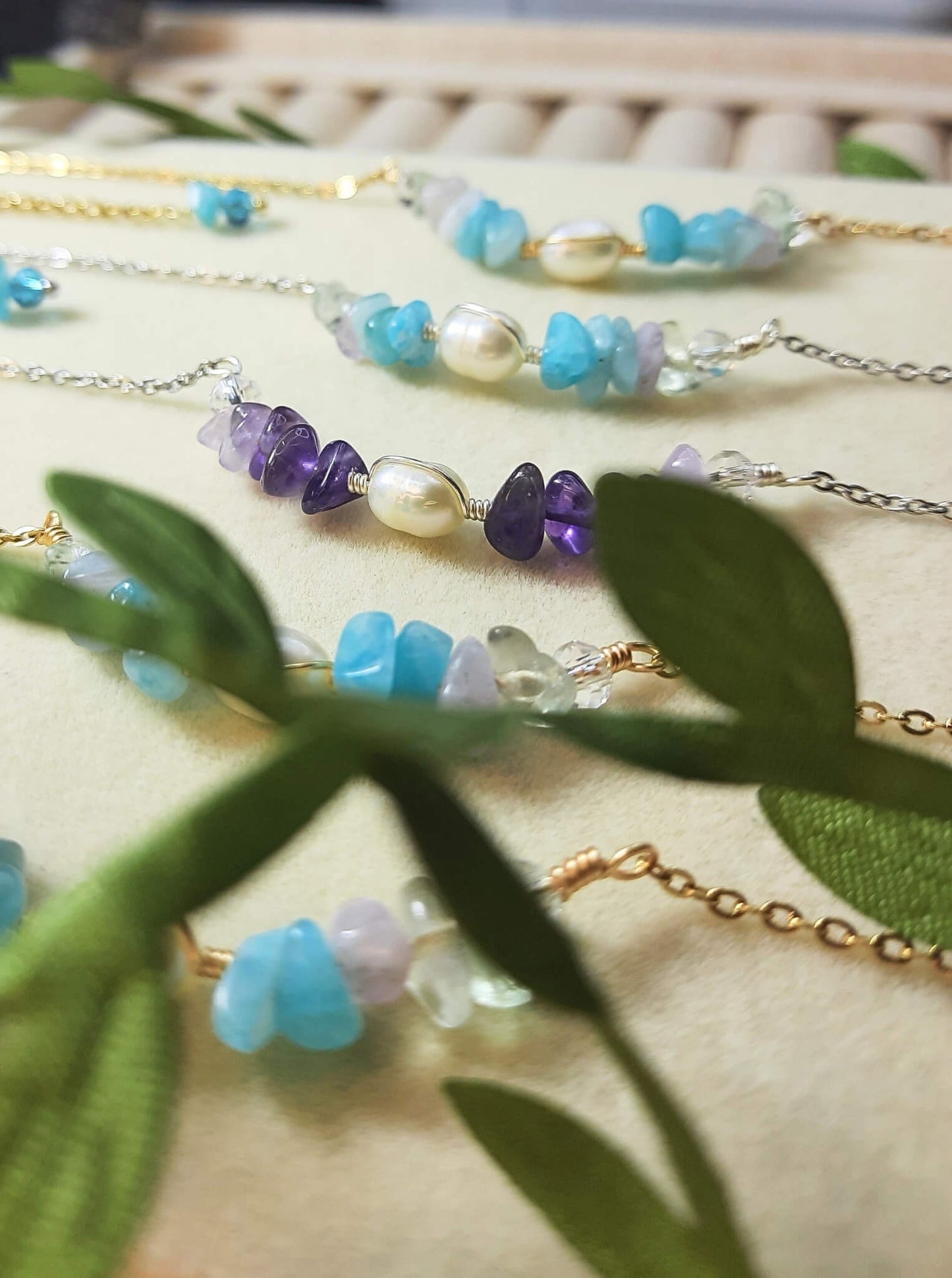 Purple Lake Bracelet aesthetic shot showcasing silver wire wrapped crystal water lake collection, handmade Sri Lanka jewelry