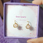 Rose Quartz Statement Round Stud Earrings product shot with Laganna packaging - handmade wire-wrapped crystal healing jewelry from Sri Lanka with natural rose quartz for loving energy and emotional tenderness

