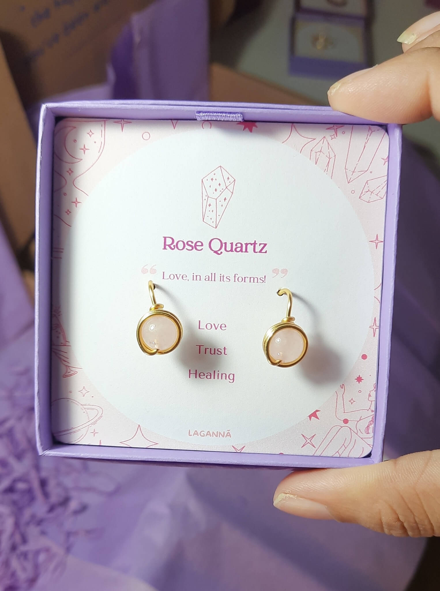 Rose Quartz Statement Round Stud Earrings product shot with Laganna packaging - handmade wire-wrapped crystal healing jewelry from Sri Lanka with natural rose quartz for loving energy and emotional tenderness
