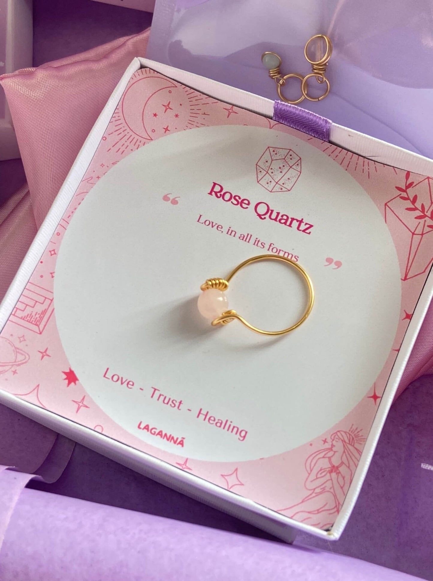 Close up rose quartz wire wrapped ring on hand showing natural pink blush stone minimalist dainty design healing crystal jewelry for women self love gift handcrafted Sri Lanka romantic feminine