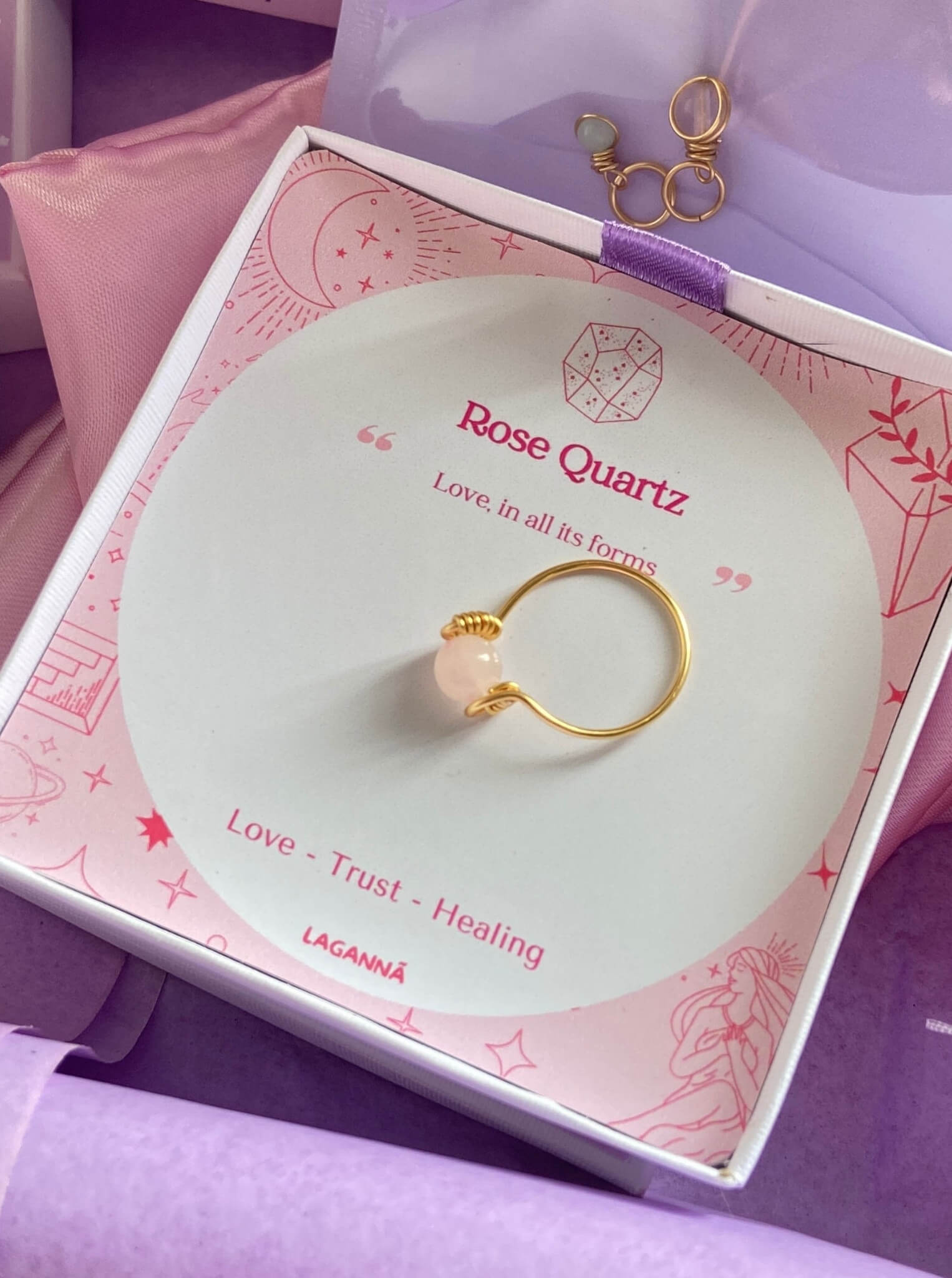 Close up rose quartz wire wrapped ring on hand showing natural pink blush stone minimalist dainty design healing crystal jewelry for women self love gift handcrafted Sri Lanka romantic feminine
