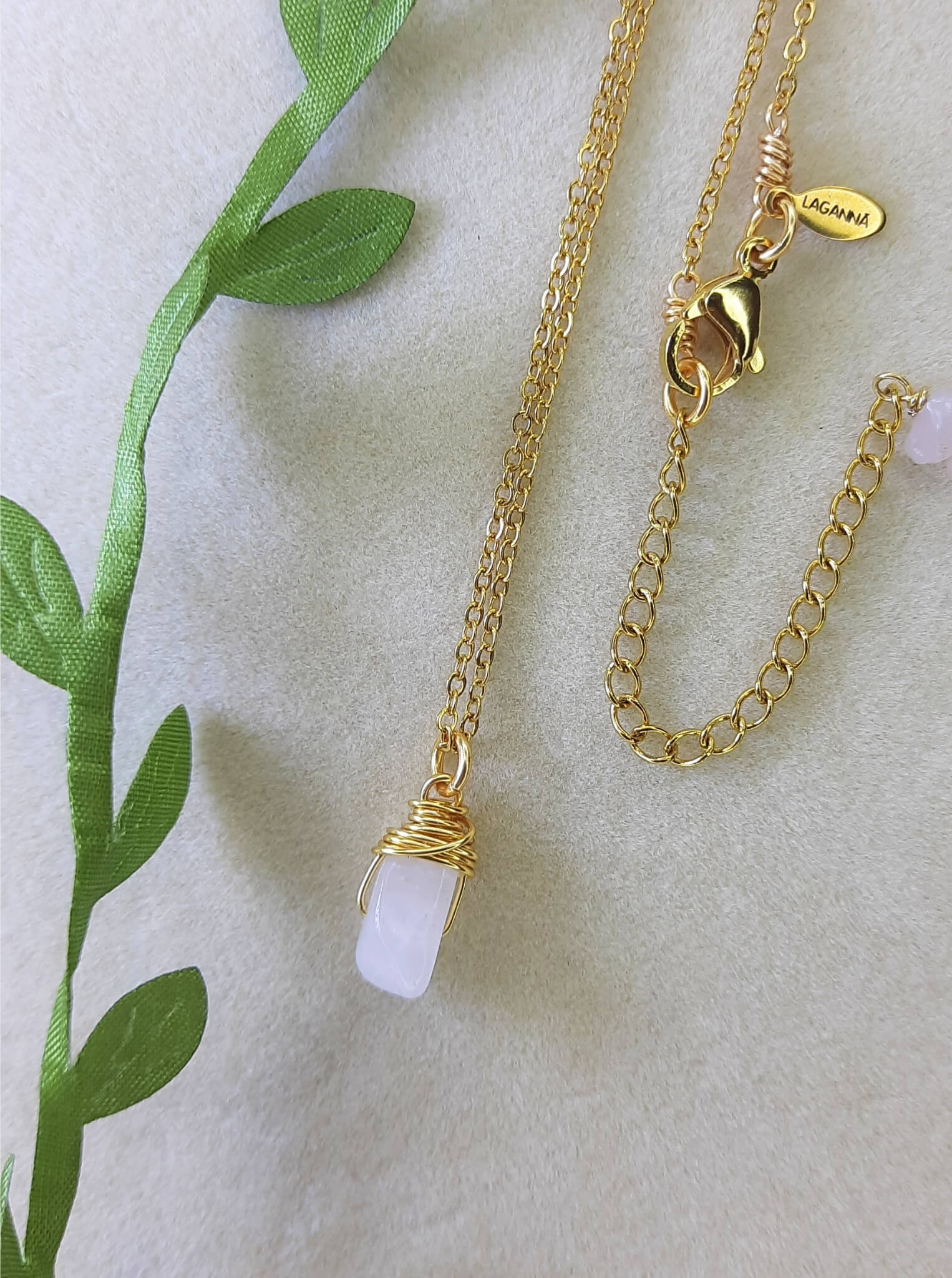 Rose quartz irregular stone necklace with aesthetic styling, handmade Sri Lankan gold wire wrapped healing crystal pendant for love and emotional balance