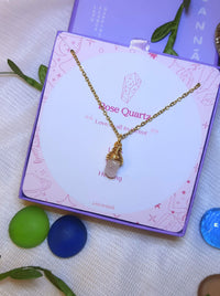 Rose quartz irregular stone necklace in gold wire wrap with jewelry box, handmade Sri Lankan healing crystal pendant for heart chakra and self-love
