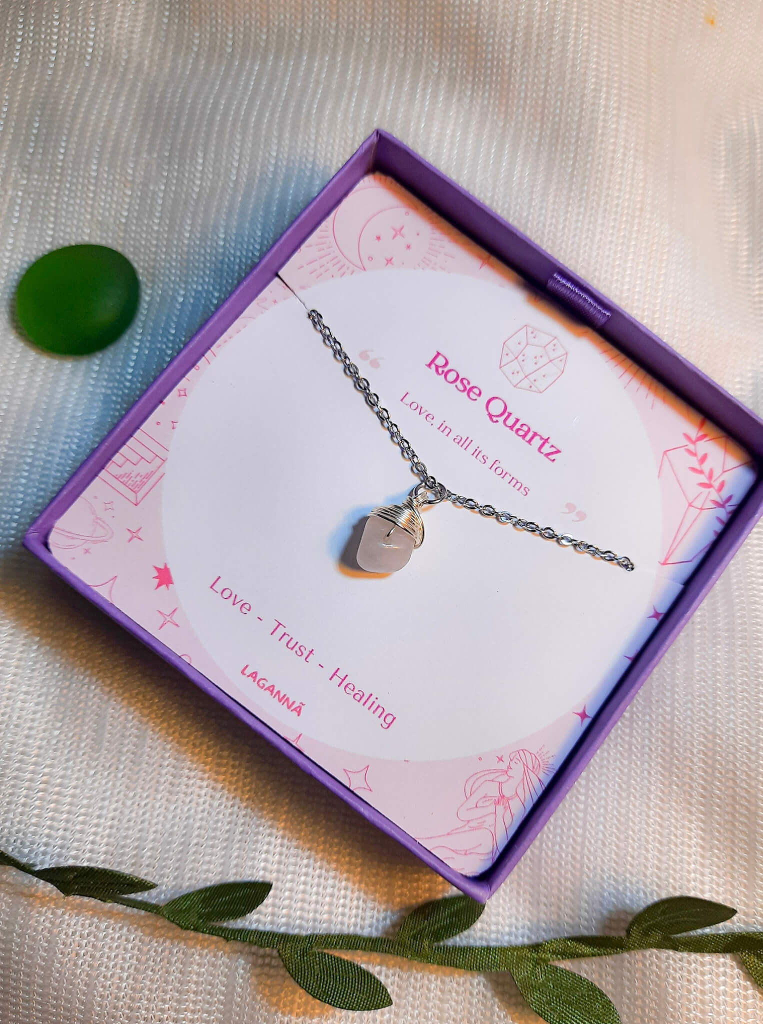 Rose quartz irregular stone necklace in silver wire wrap with jewelry box, handmade Sri Lankan healing crystal pendant for heart chakra and compassion