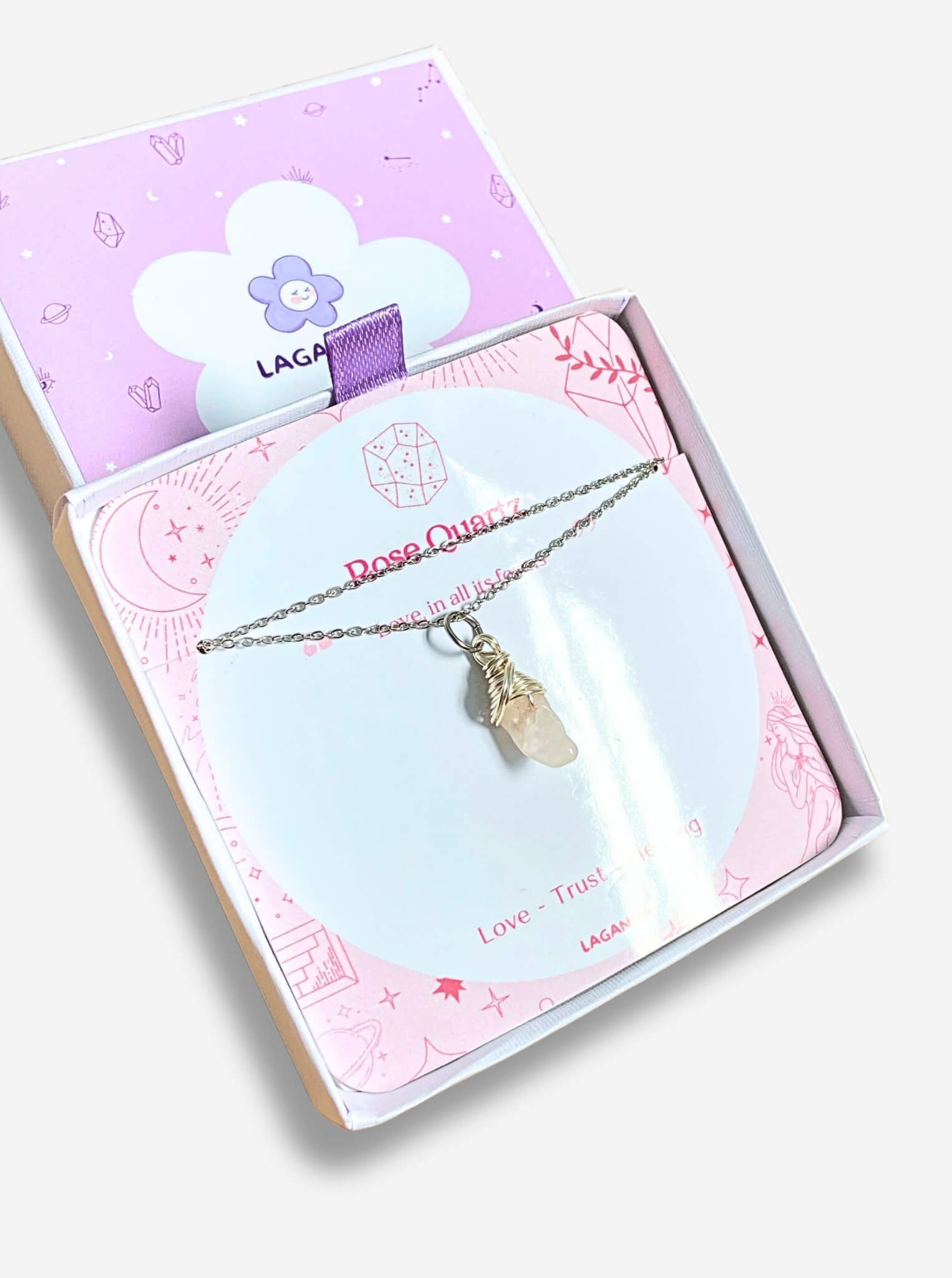 Rose quartz irregular stone necklace in silver wire wrap with jewelry box, handmade Sri Lankan healing crystal pendant for heart chakra and compassion