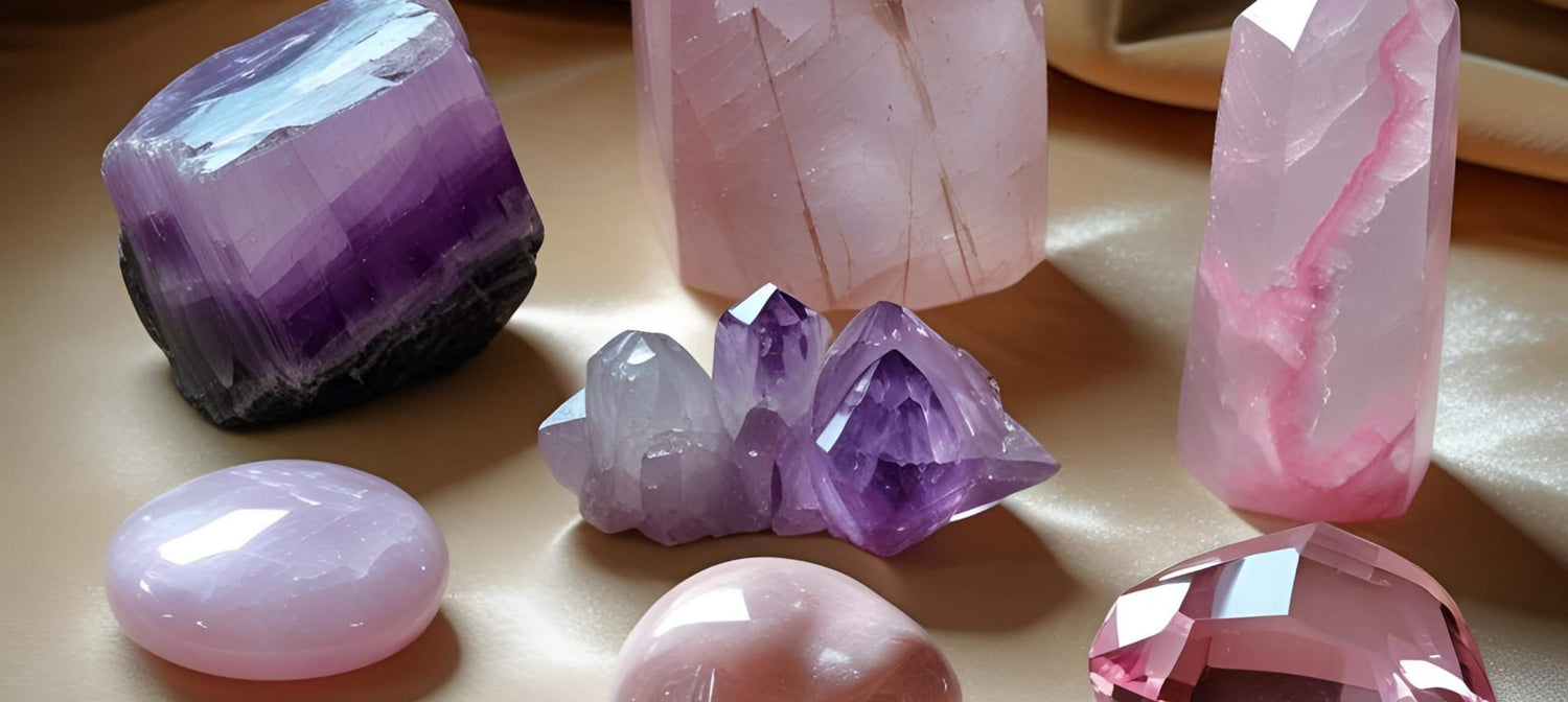 Healing crystals from the Heart collection including Rose Quartz, Purple Jade, Opalite, Pink Tourmaline, Morganite, and Unakite.