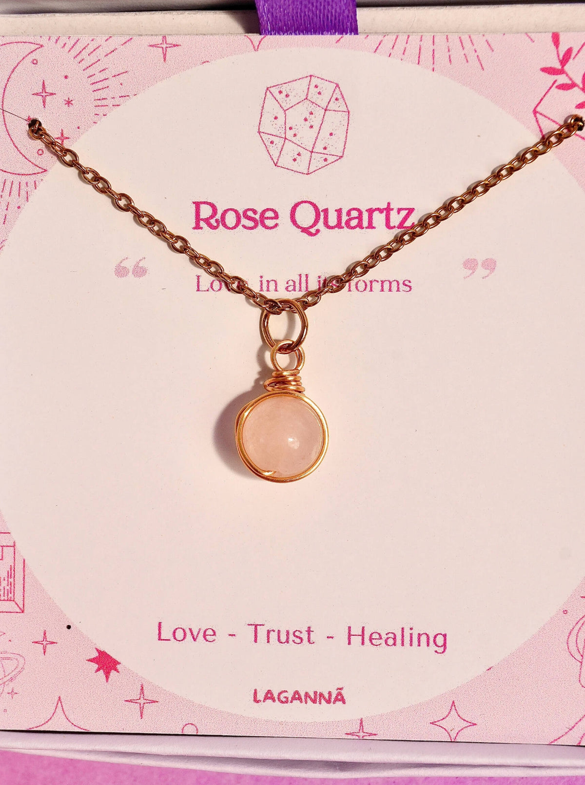 Rose Quartz Statement Round Stone Necklace gold wire wrapped pendant in Laganna gift box pink card Love Trust Healing, handmade healing crystal jewelry Sri Lanka Laganna