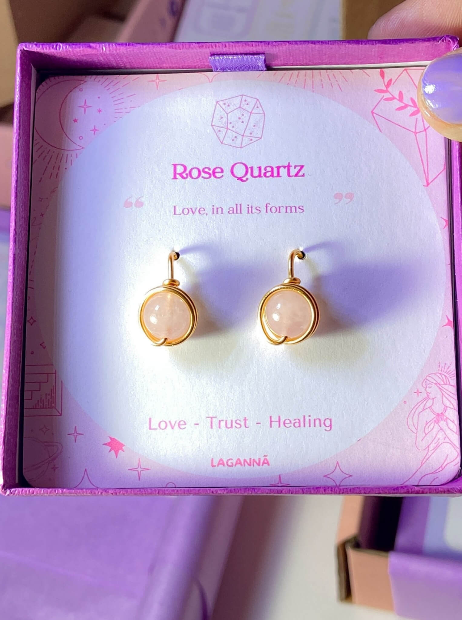 Rose Quartz Statement Round Stud Earrings lifestyle display - handcrafted wire-wrapped healing crystal jewelry from Sri Lanka for nurturing self-love and gentle compassion
