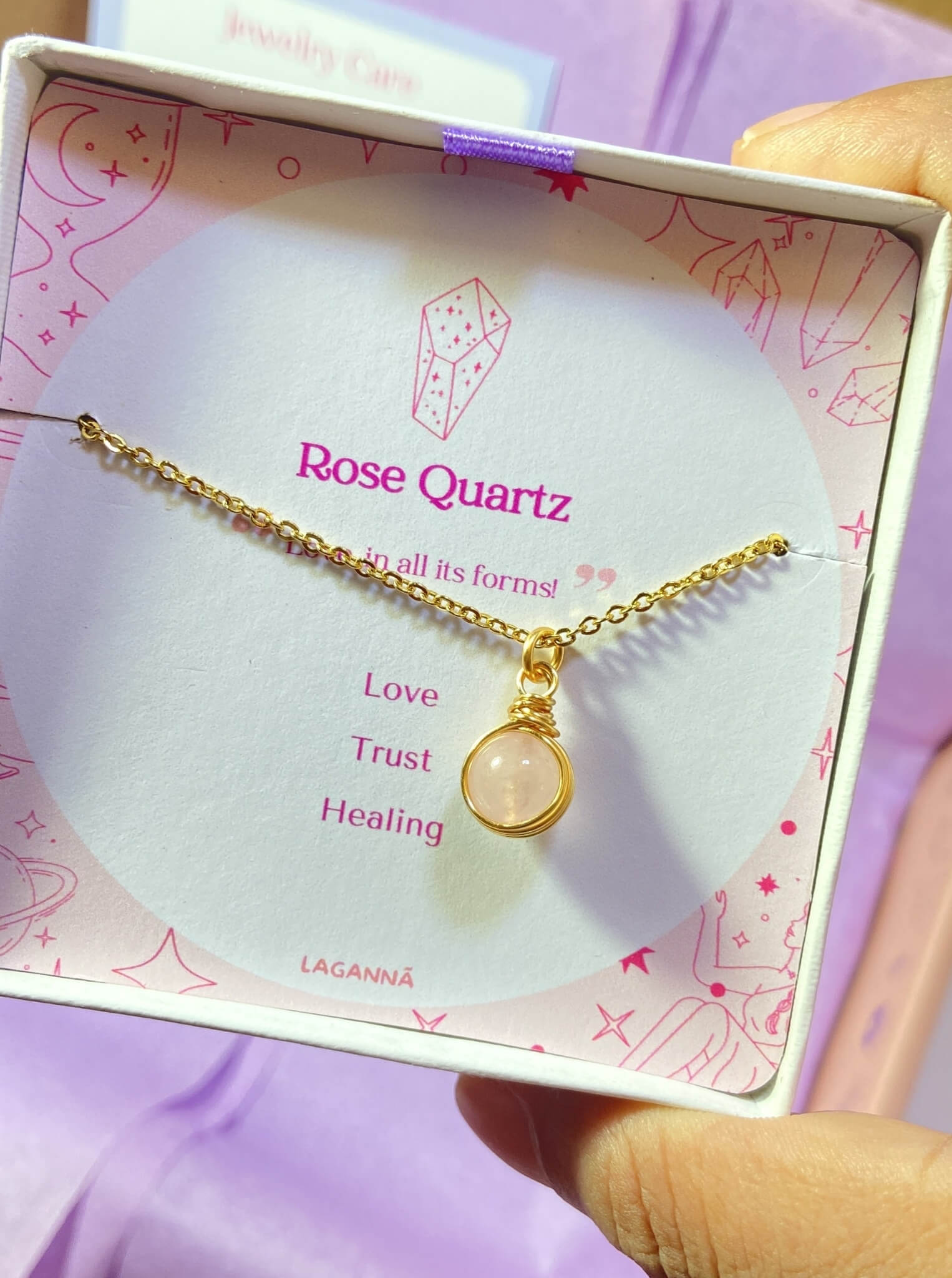 Handmade rose quartz round stone necklace with gold wire wrapping, beautifully presented in elegant Laganna jewelry box - healing crystal jewelry crafted by Sri Lankan artisans for love and emotional healing
