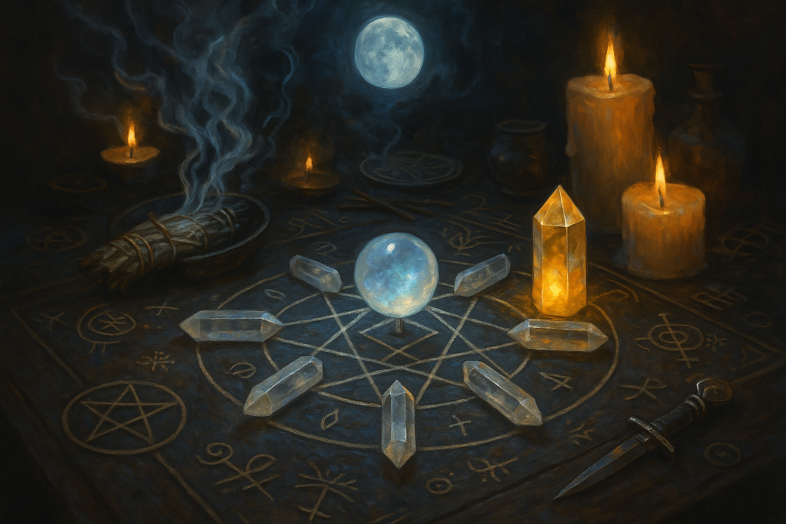 Sacred crystal altar with mystical ritual tools