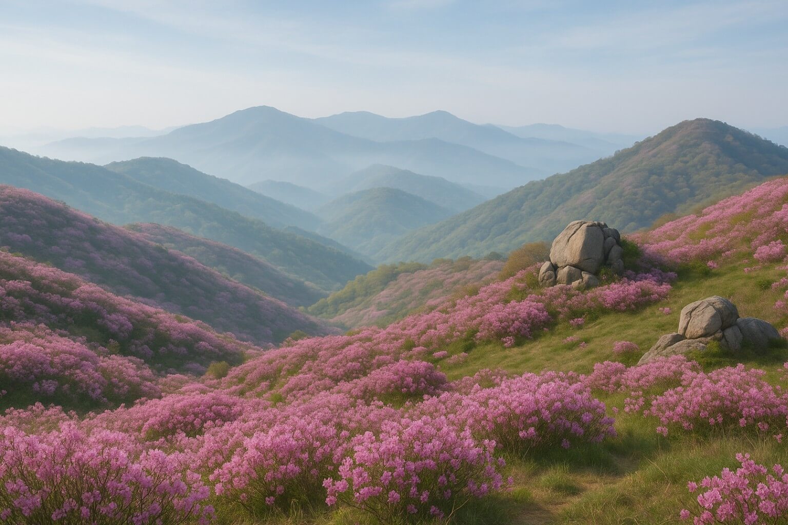 Serene Goryeosan mountain landscape with blooming azaleas - Mount Goryeo inspiration