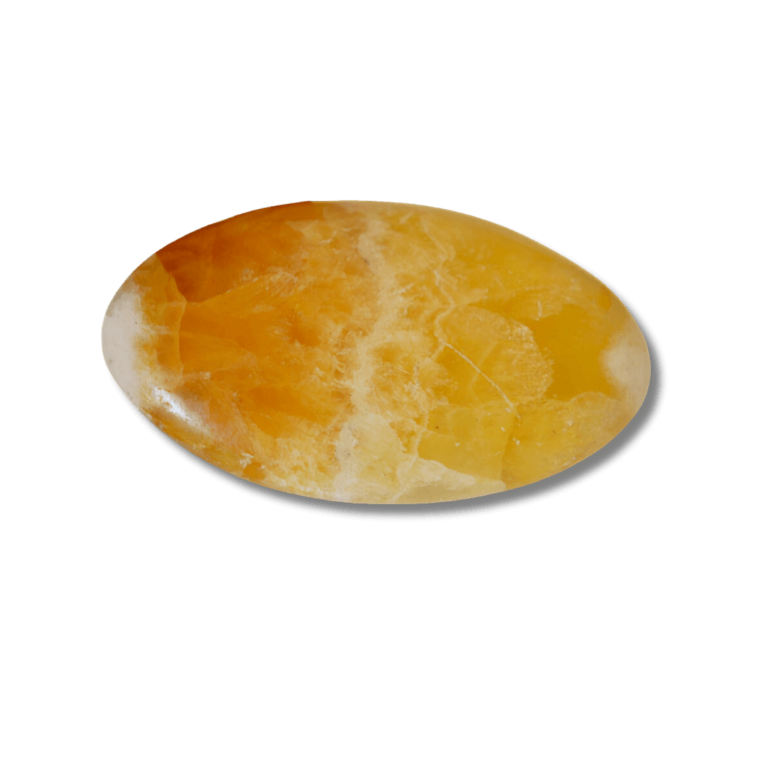 Yellow Onyx oval-shaped crystal stone in warm golden and amber tones – the stone of confidence, clarity and inner strength