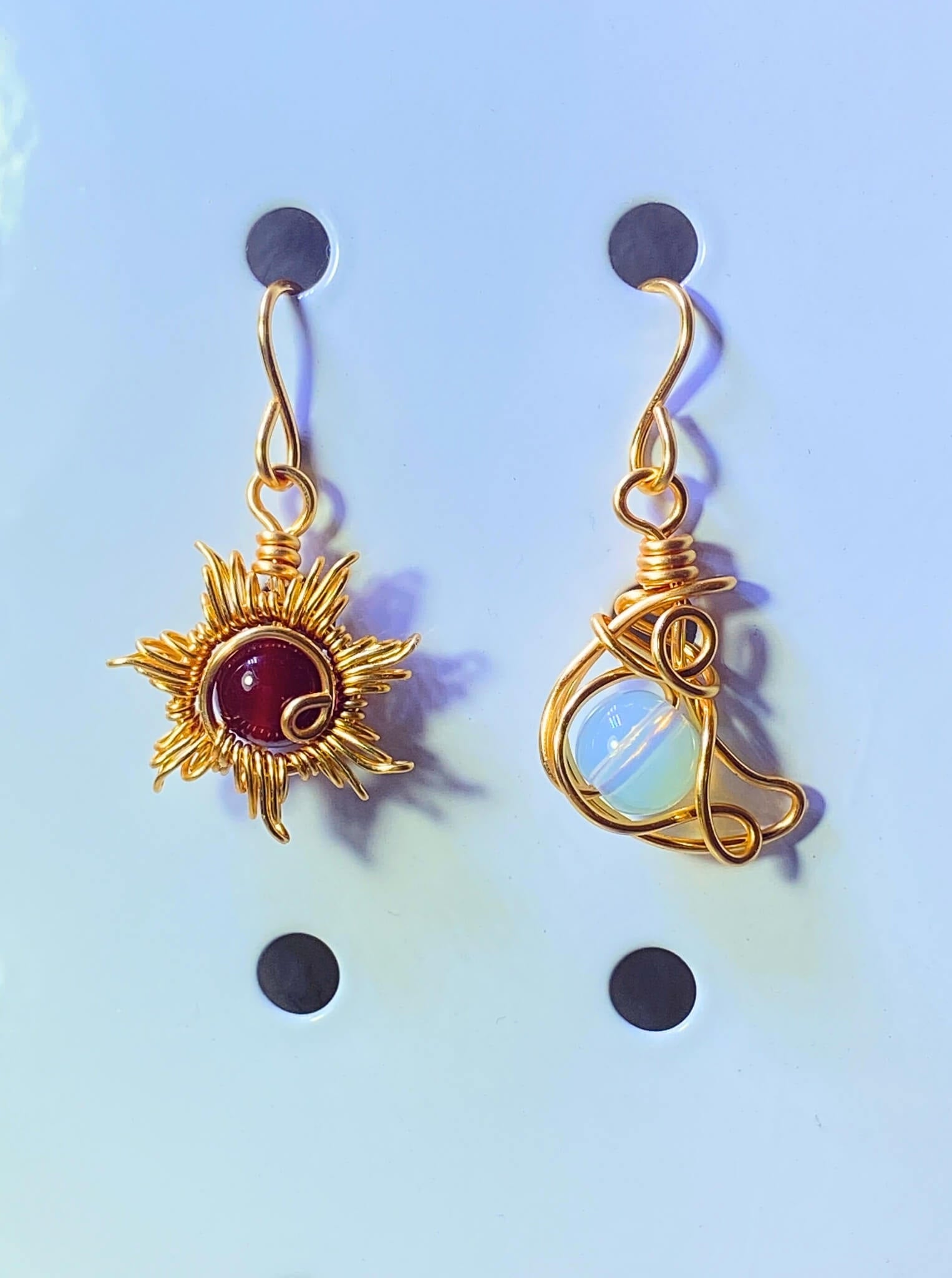 Elegant Sun & Moon Dangle Earrings showcasing Carnelian and Opalite stones, handmade gold wire wrapped celestial jewelry from Sri Lanka by Laganna - premium healing crystal bohemian accessories product display