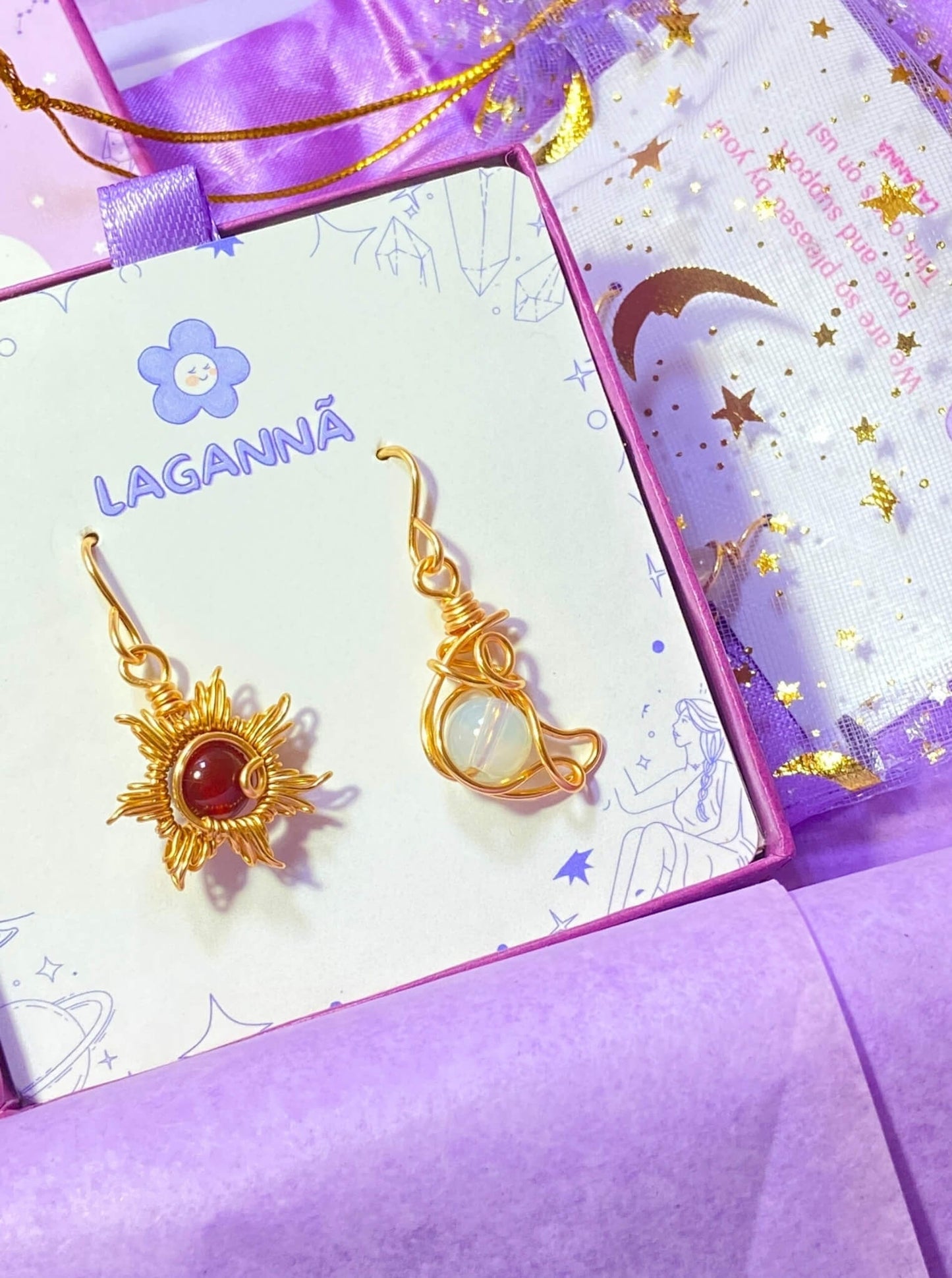 Handmade Sun & Moon Dangle Earrings with Carnelian and Opalite stones, gold wire wrapped celestial jewelry from Sri Lanka by Laganna, beautifully presented in gift box packaging - healing crystal bohemian accessories