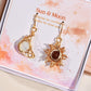 Sun and Moon Dangle Earrings Carnelian sun pendant and Opalite crescent moon gold wire wrapped in Laganna gift box celestial card, handmade healing crystal earrings Sri Lanka Laganna
