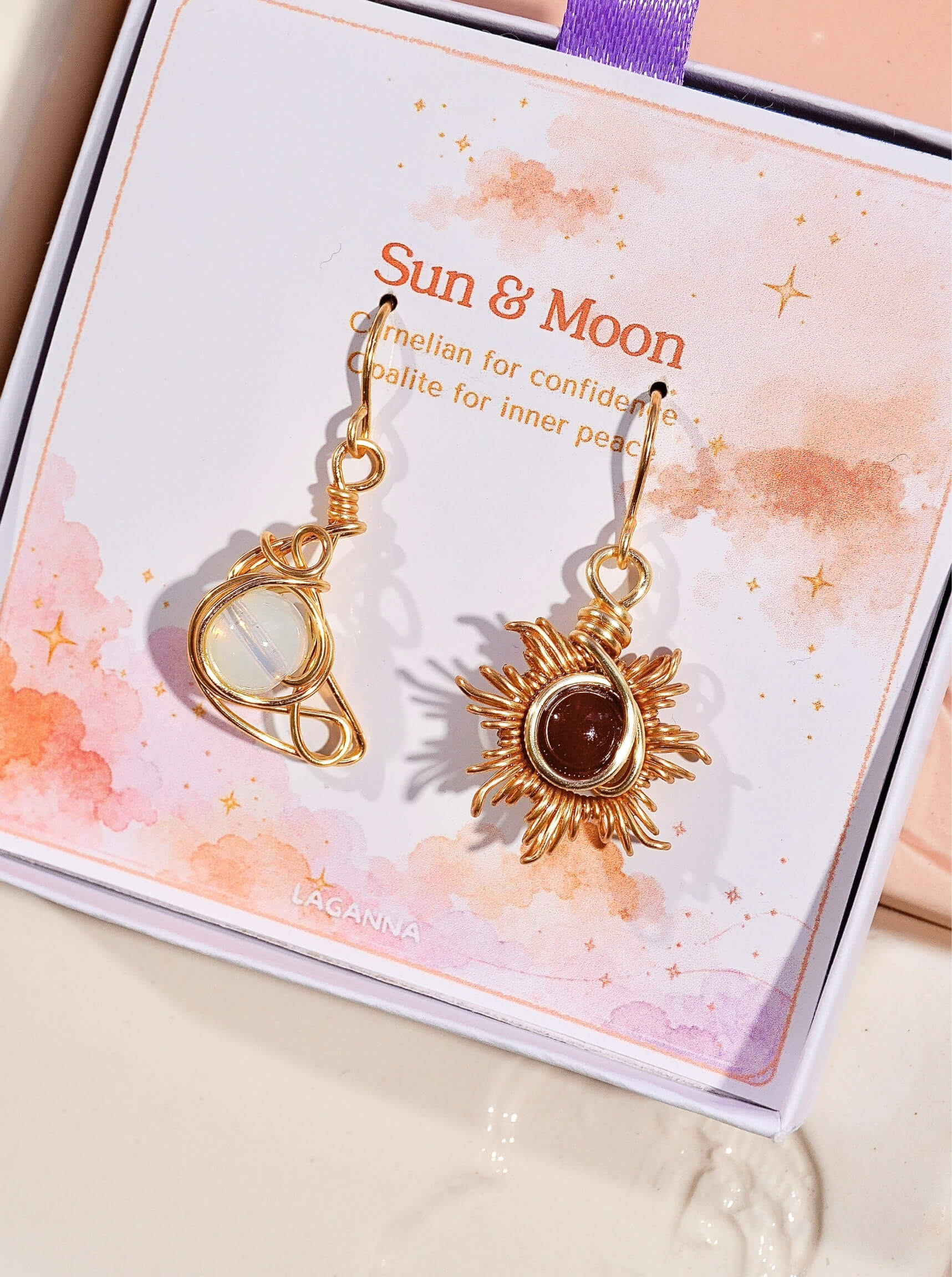 Sun and Moon Dangle Earrings Carnelian sun pendant and Opalite crescent moon gold wire wrapped in Laganna gift box celestial card, handmade healing crystal earrings Sri Lanka Laganna
