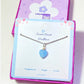 Sweet heart blue chalcedony necklace in silver wire wrap with jewelry box full view, handmade Sri Lankan heart-shaped pendant for throat chakra and communication enhancement