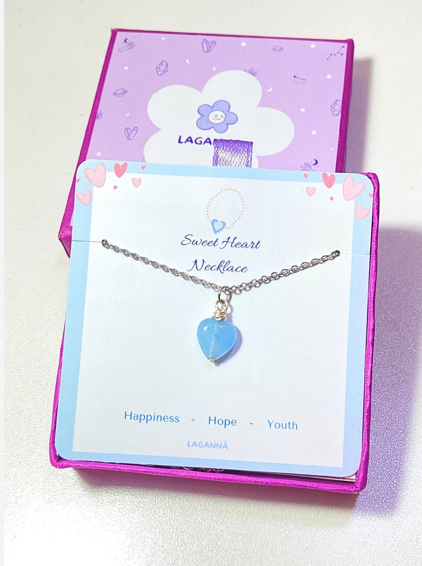 Sweet heart blue chalcedony necklace in silver wire wrap with jewelry box full view, handmade Sri Lankan heart-shaped pendant for throat chakra and communication enhancement