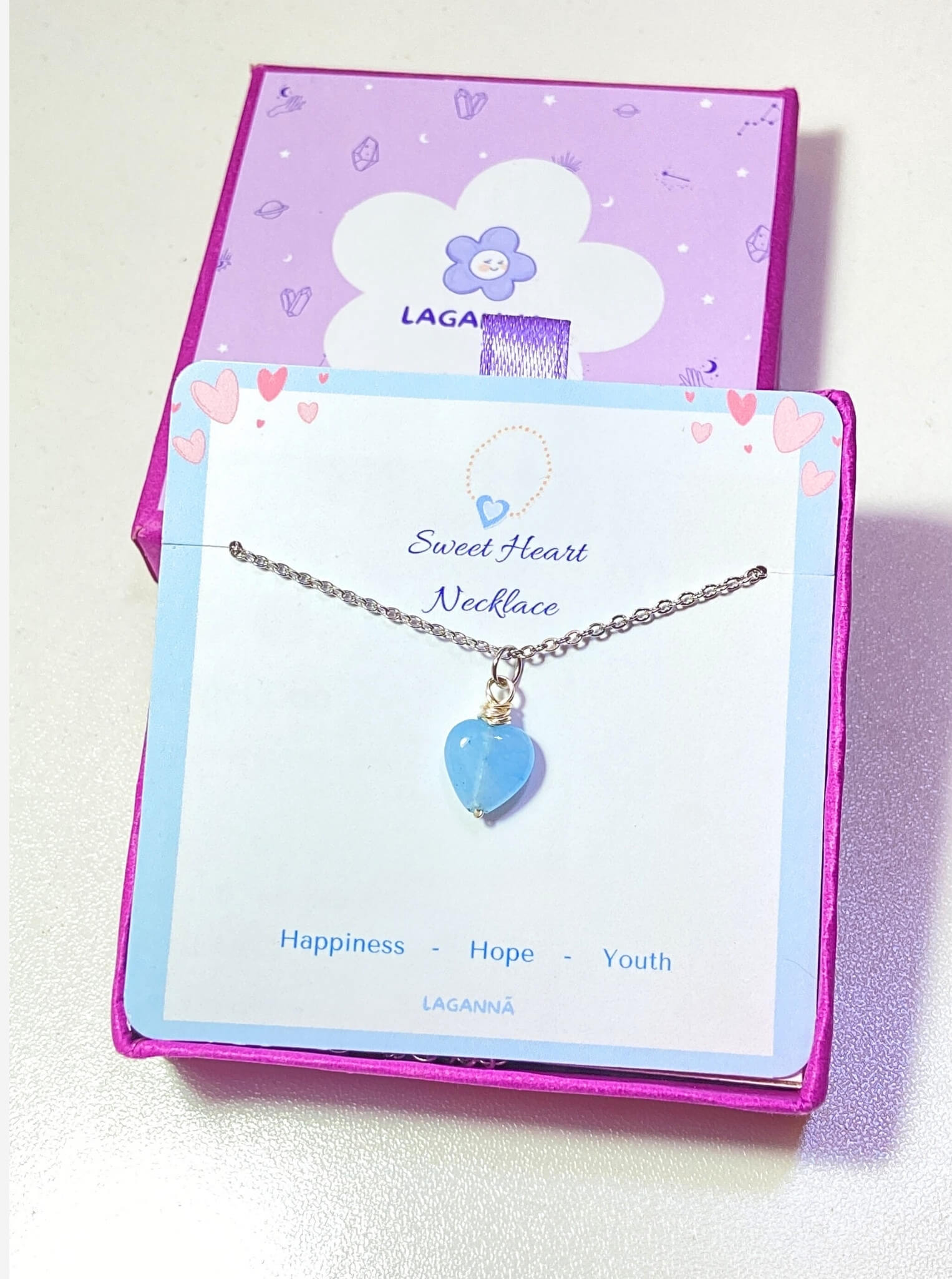 Sweet heart blue chalcedony necklace in silver wire wrap with jewelry box full view, handmade Sri Lankan heart-shaped pendant for throat chakra and communication enhancement