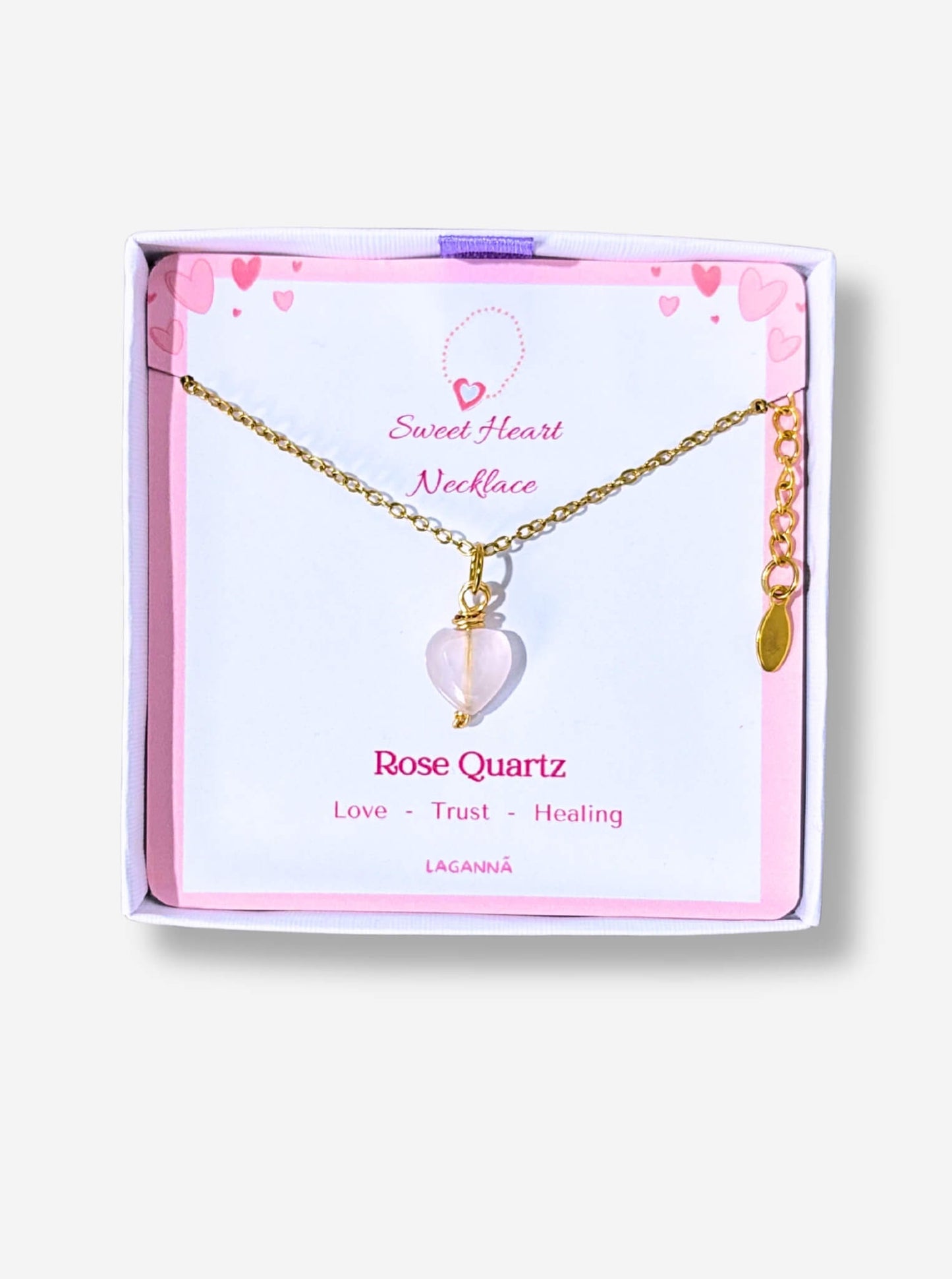 Sweet Heart Necklace rose quartz heart pendant gold chain in Laganna jewelry box on white surface, handmade healing crystal necklace Sri Lanka – love trust healing gift for her

