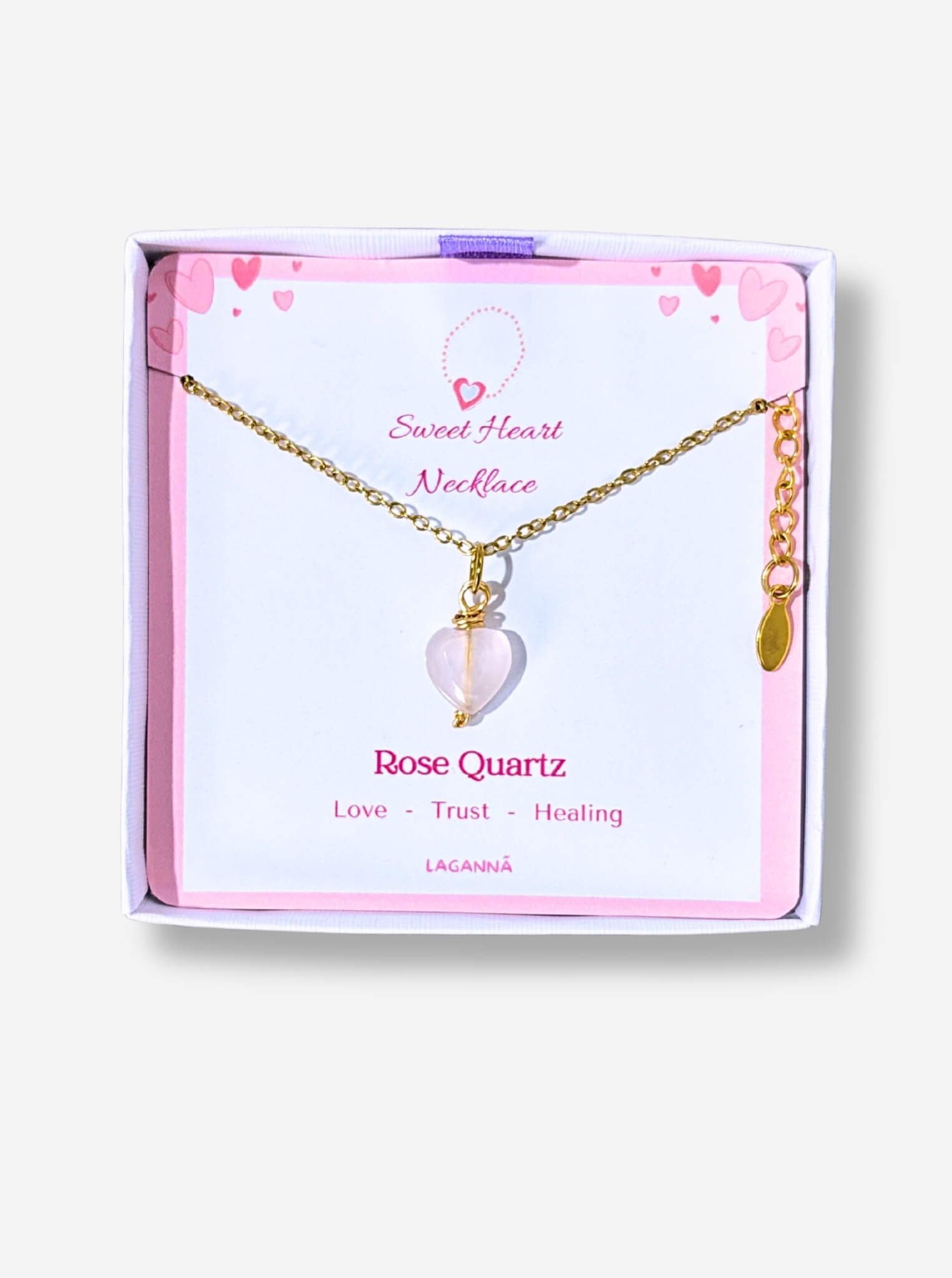 Sweet Heart Necklace rose quartz heart pendant gold chain in Laganna jewelry box on white surface, handmade healing crystal necklace Sri Lanka – love trust healing gift for her
