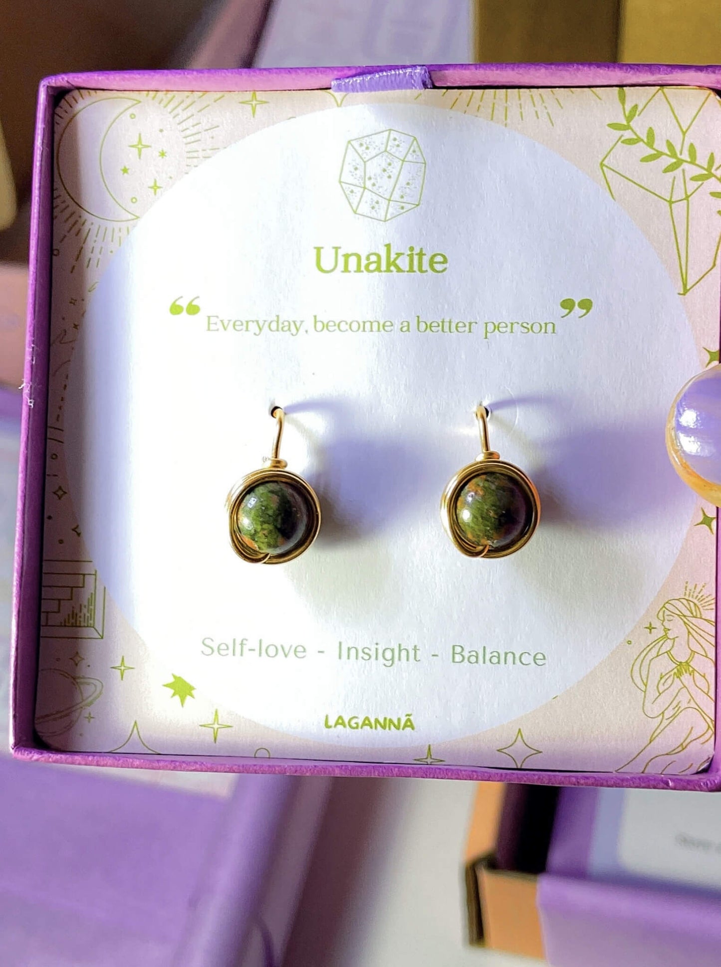 Unakite Statement Round Stud Earrings close-up detail showing natural green and pink stone patterns - handmade wire-wrapped crystal healing jewelry from Sri Lanka for emotional renewal and self-discovery
