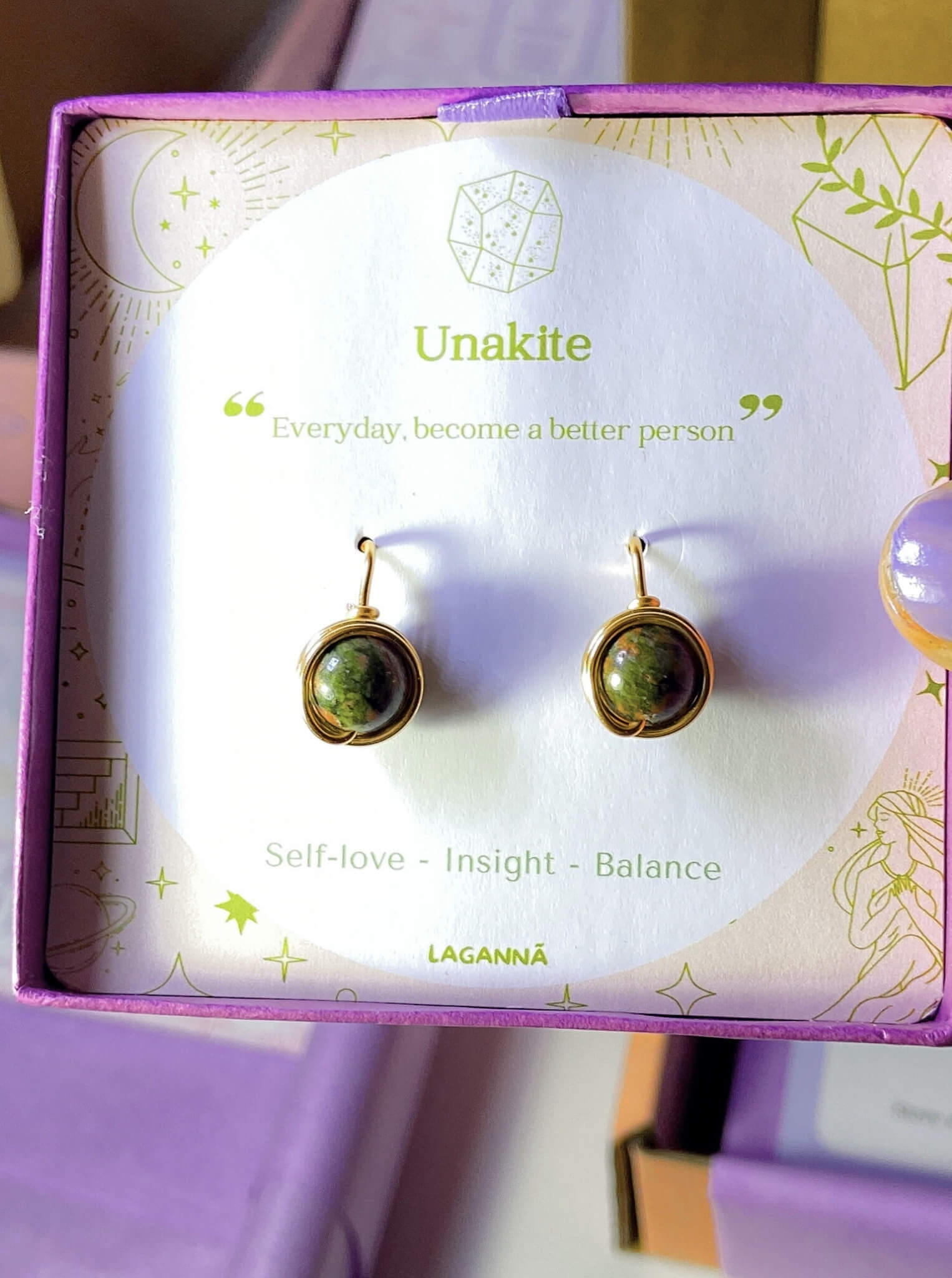 Unakite Statement Round Stud Earrings close-up detail showing natural green and pink stone patterns - handmade wire-wrapped crystal healing jewelry from Sri Lanka for emotional renewal and self-discovery
