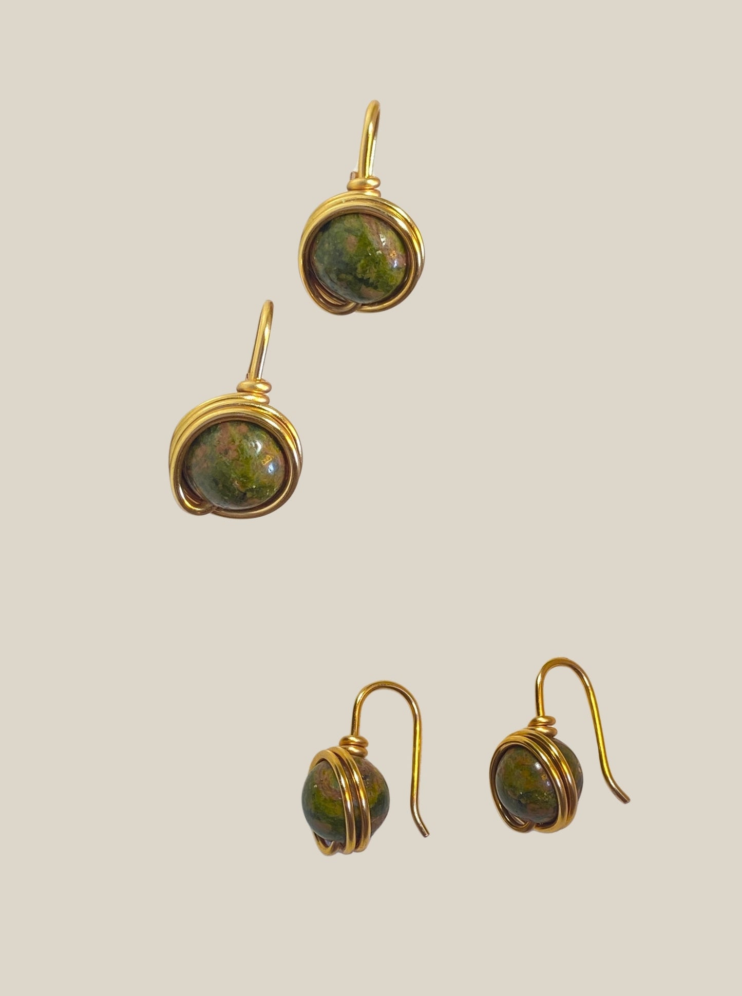 Unakite Statement Round Stud Earrings handmade wire-wrapped crystal jewelry for healing, emotional balance, and self-acceptance - artisan healing stone studs crafted in Sri Lanka with natural green and pink unakite gemstone beads