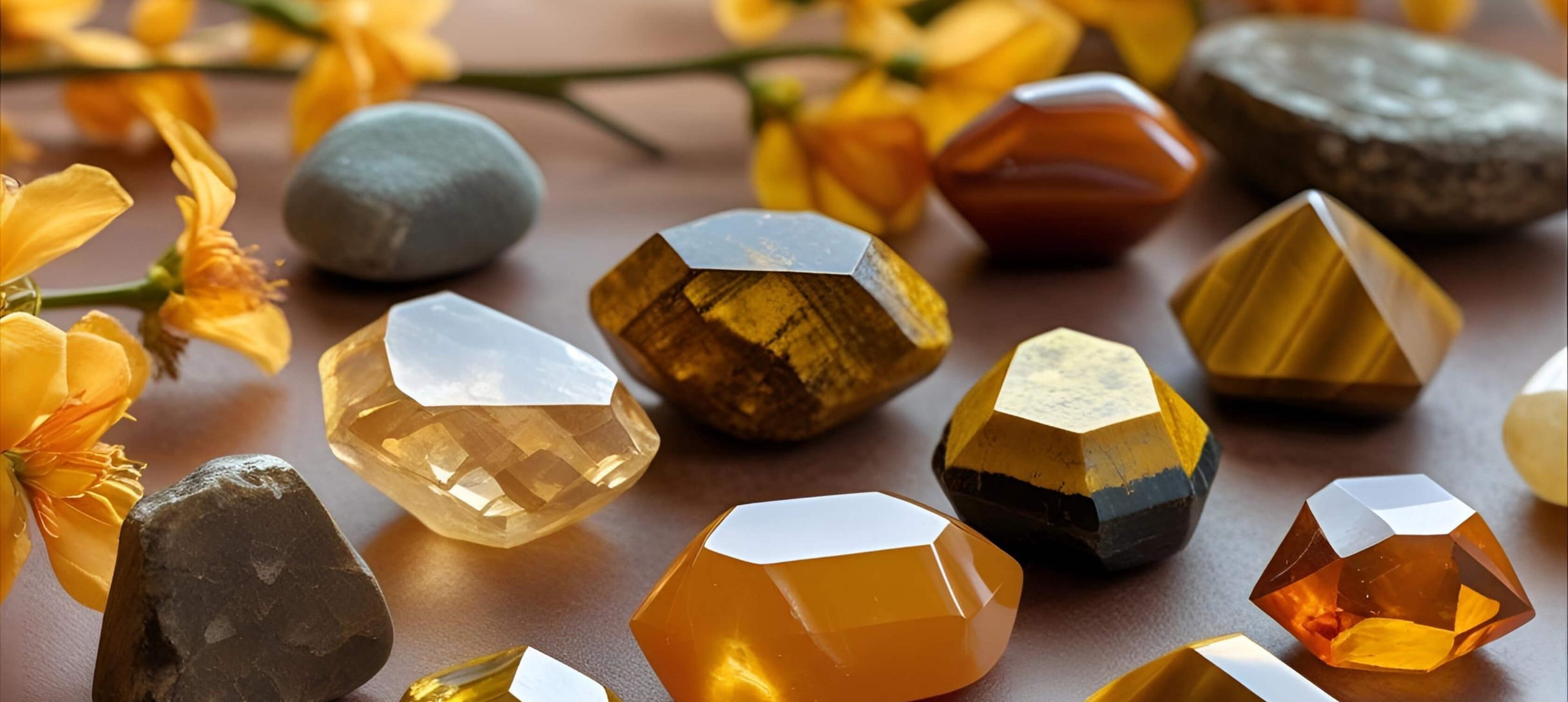 Warm-toned crystal palette with raw Citrine, Tiger's Eye, Carnelian, and Yellow Aventurine arranged to show natural colour and texture.