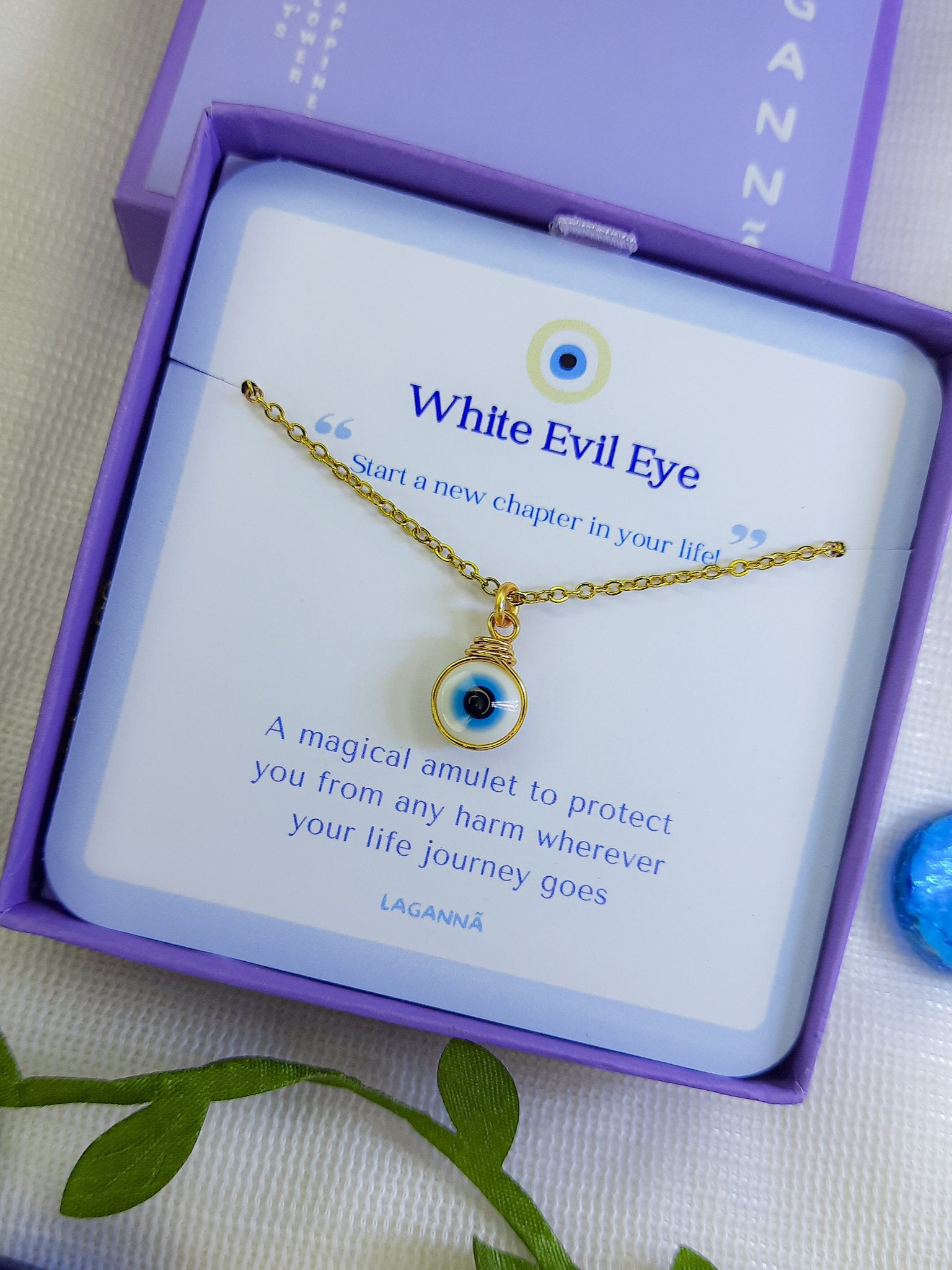 Laganna handmade white evil eye gold necklace for protection in Laganna jewelry box