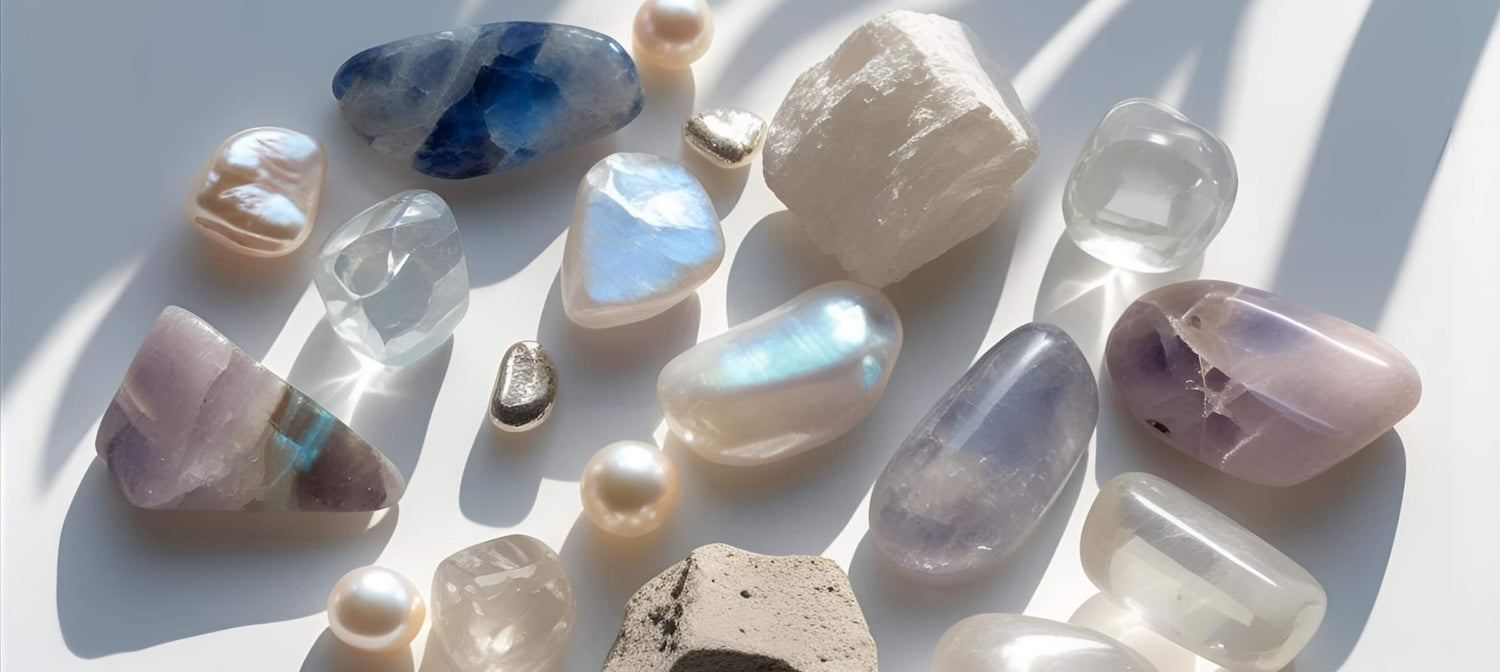 White raw and tumbled stones including Moonstone, Clear Quartz, and Opalite with natural texture and glow.
